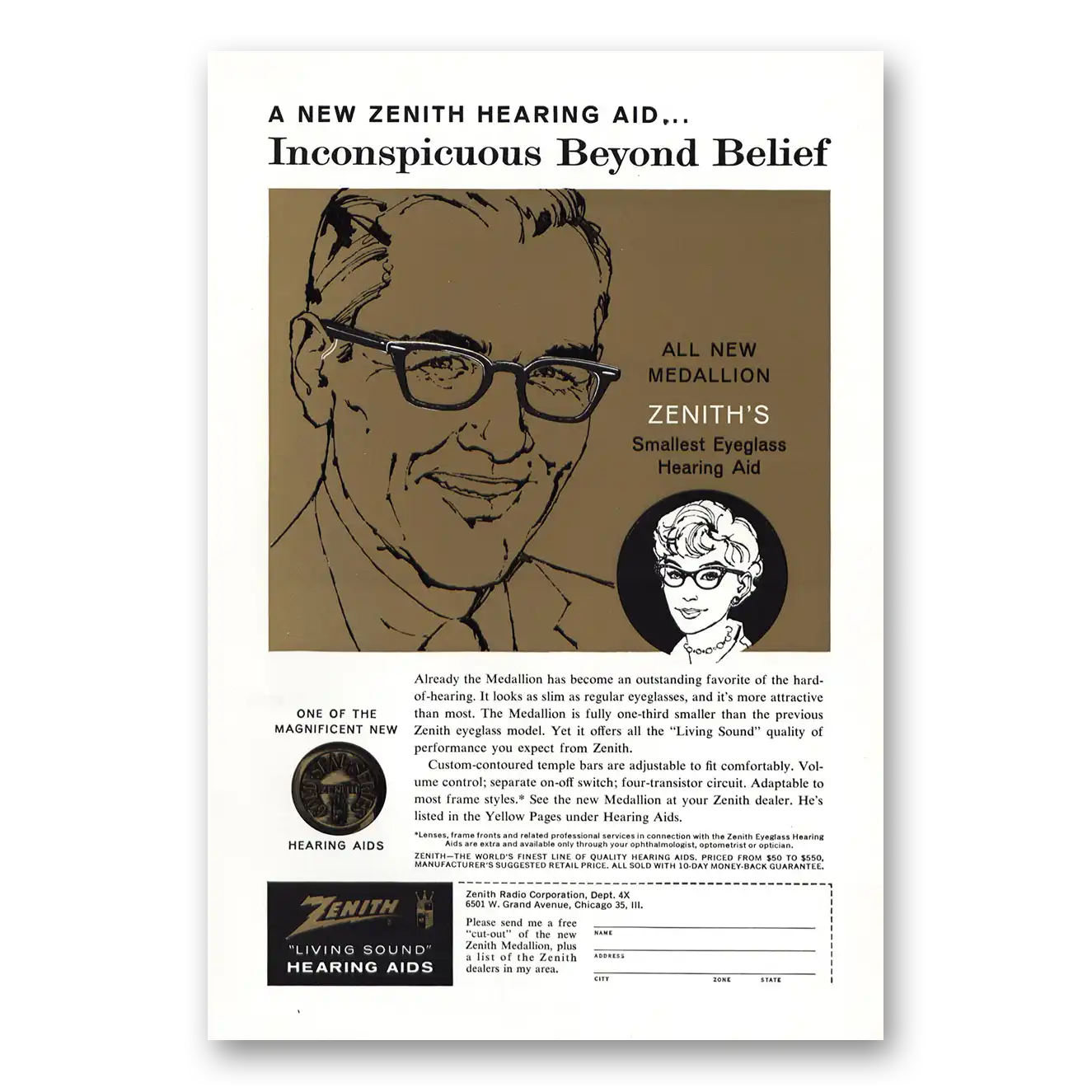 1960 Zenith Hearing Aid Print Ad | Inconspicuous