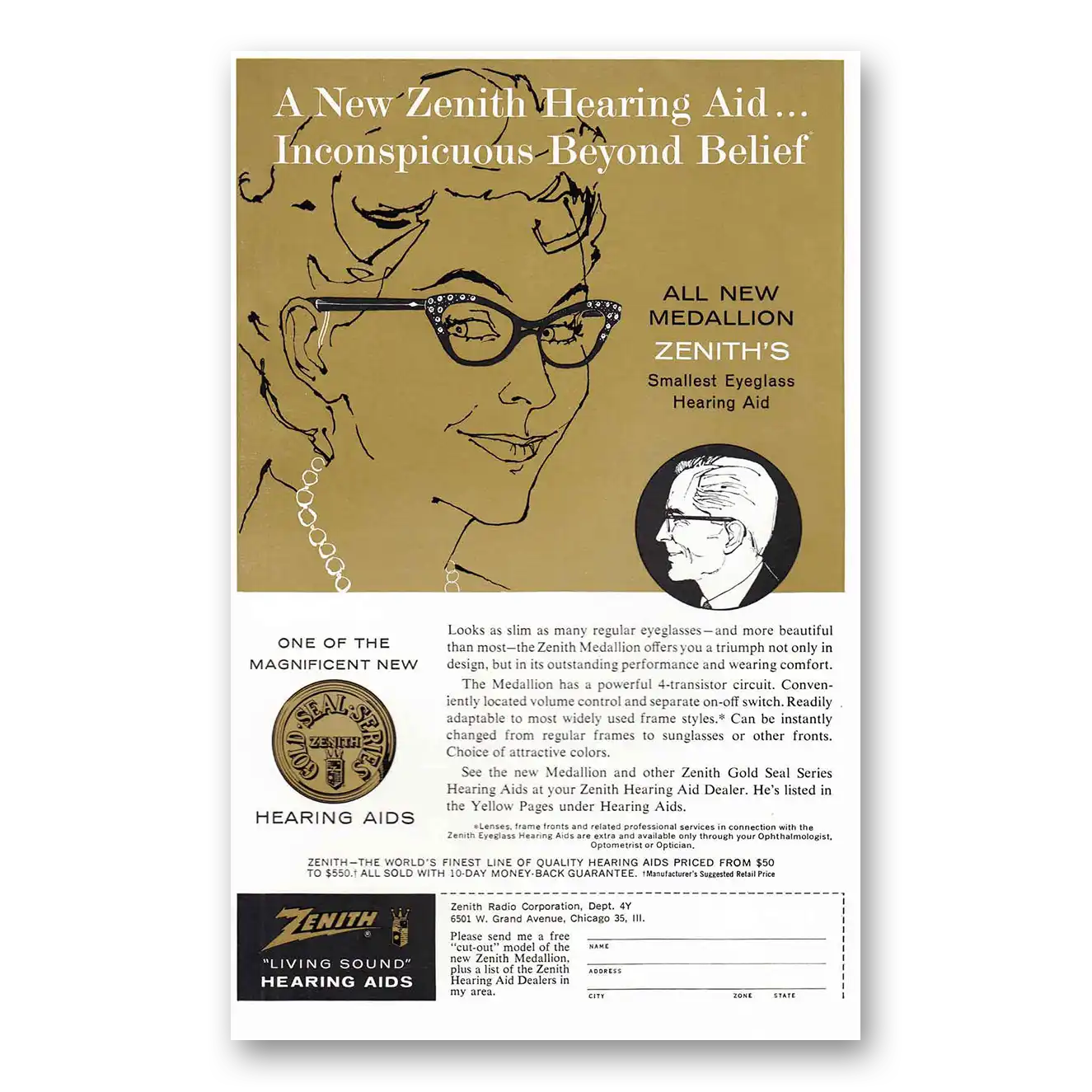 1960 Zenith Hearing Aid Print Ad | Eyeglass Hearing Aid
