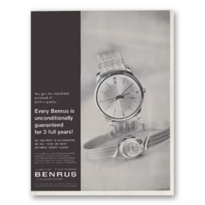 1961 Benrus Watches Print Ad | Unconditionally Guaranteed
