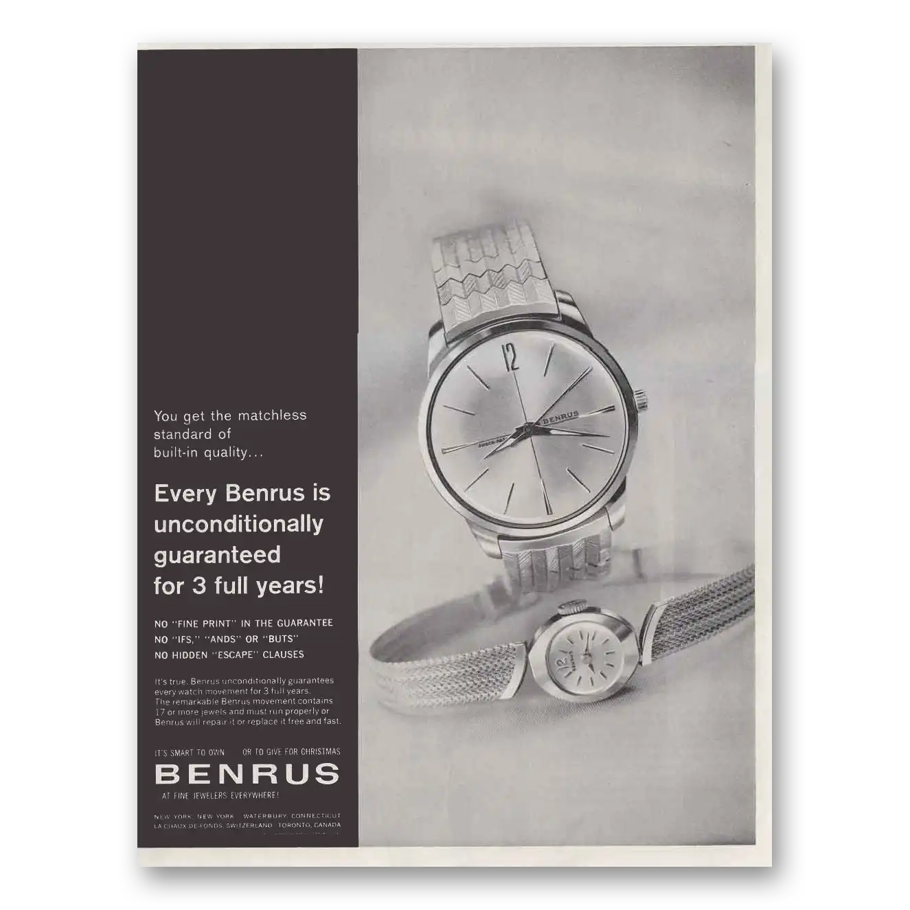 1961 Benrus Watches Print Ad | Unconditionally Guaranteed