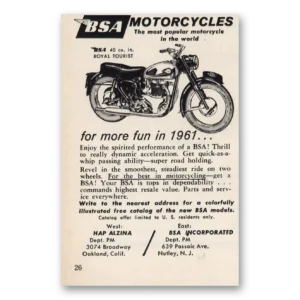 1961 BSA Motorcycles Print Ad | More Fun In 1961