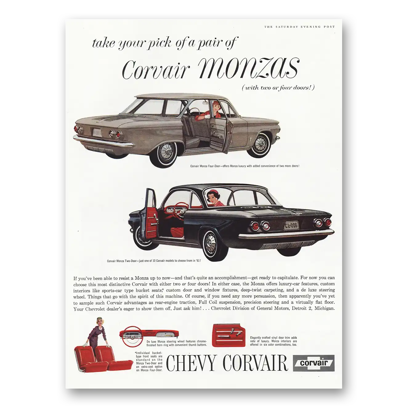 1961 Chevrolet Corvair Print Ad | Monzas Take Your Pick