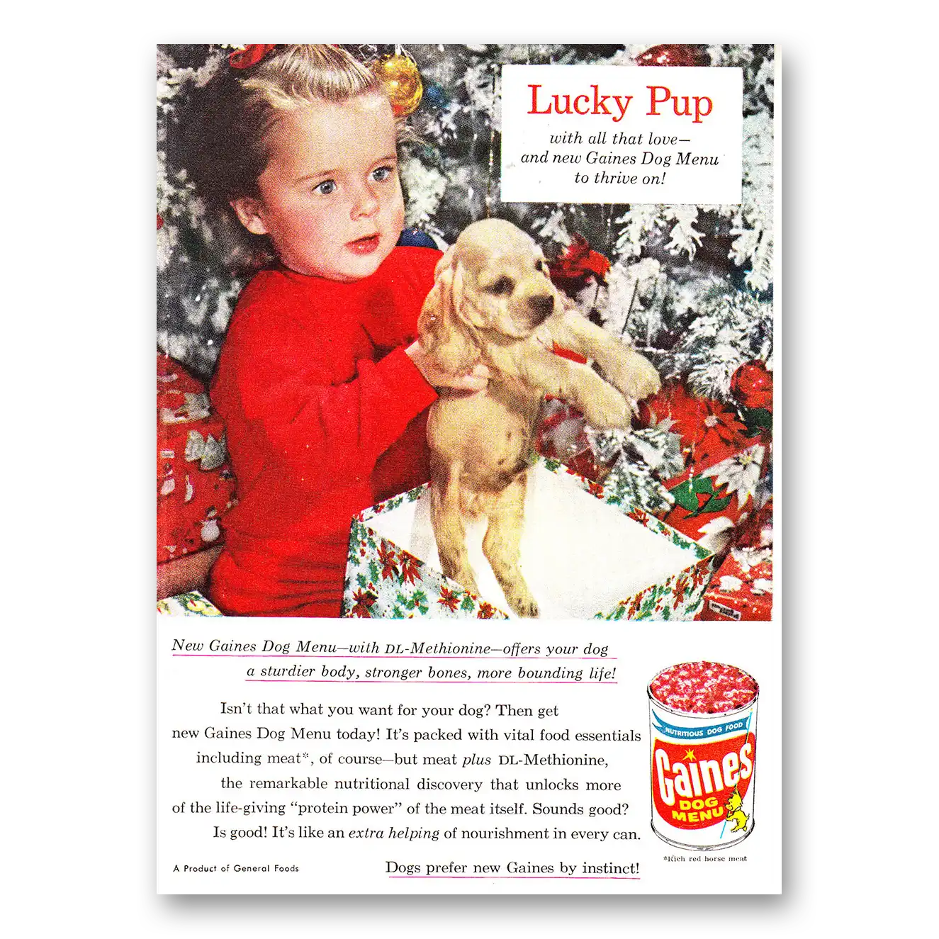 1961 Gaines Dog Food Print Ad | Lucky Pup