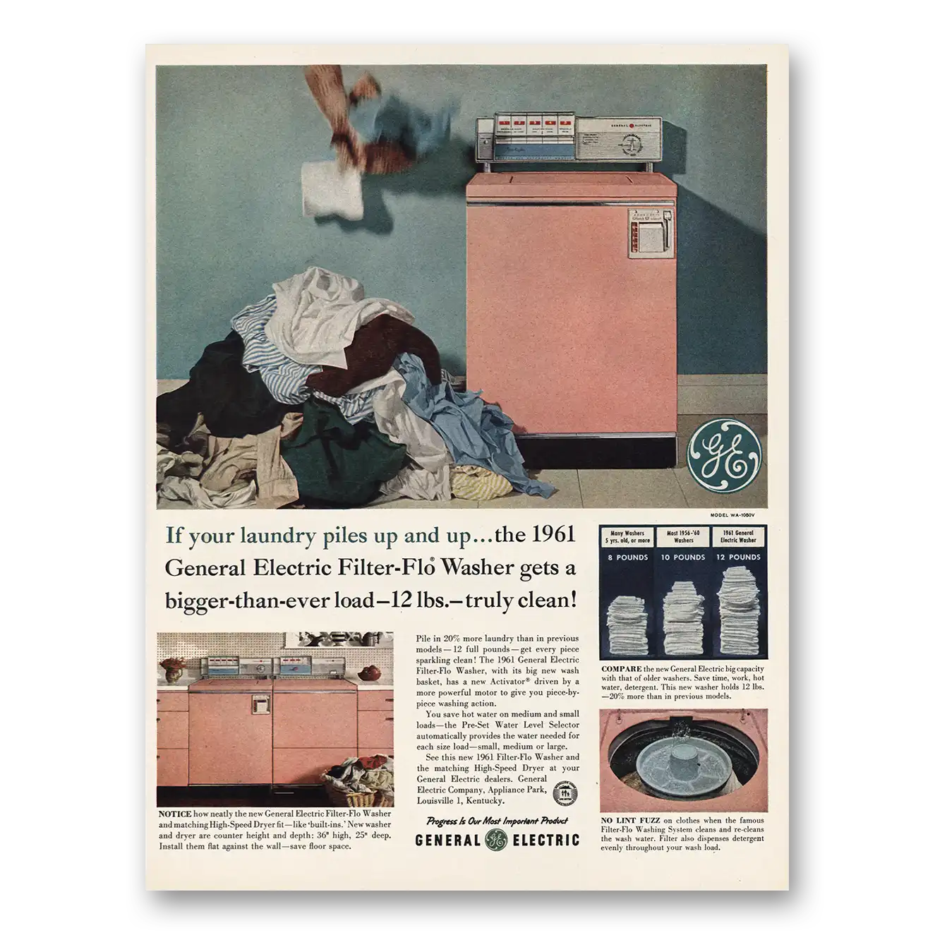 1961 General Electric Washer Print Ad | Laundry Piles Up