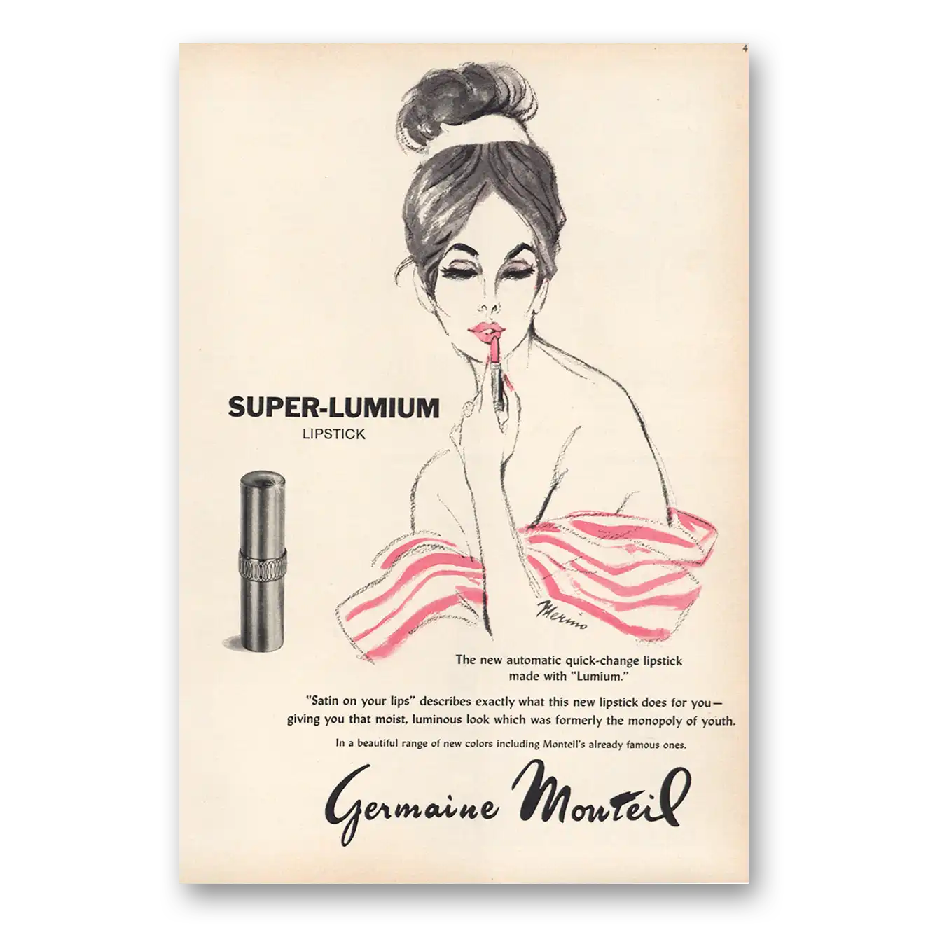 1961 Germaine Monteil Print Ad | Super Lumium Lipstick