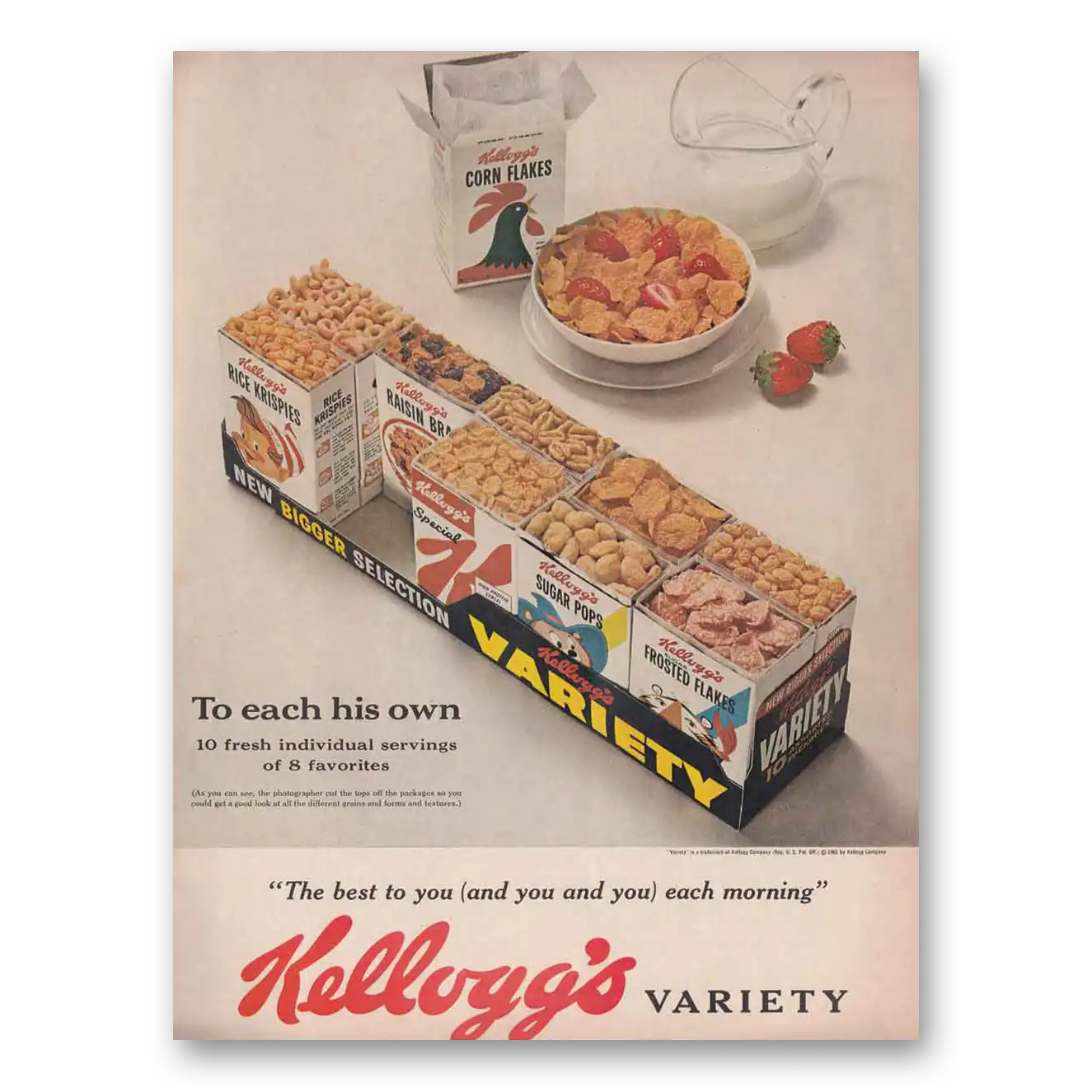 1961 Kelloggs Cereals Print Ad | Variety Pack