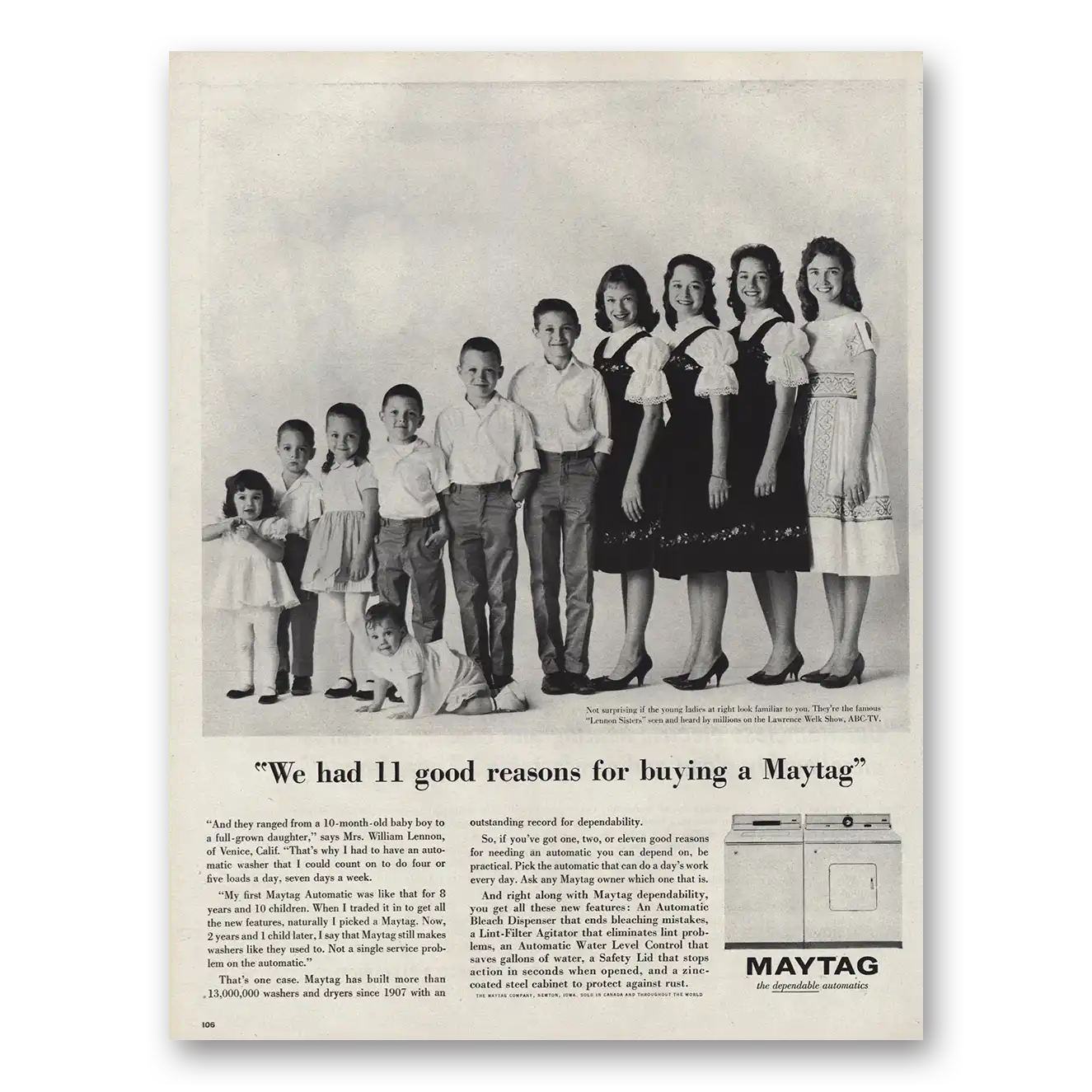 1961 Maytag Washer Dryer Print Ad | Lennon Sisters