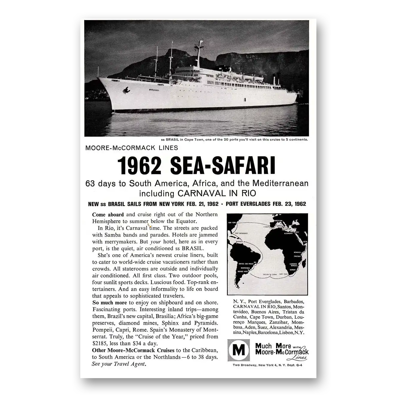 1961 Moore McCormack Lines Print Ad | Sea Safari