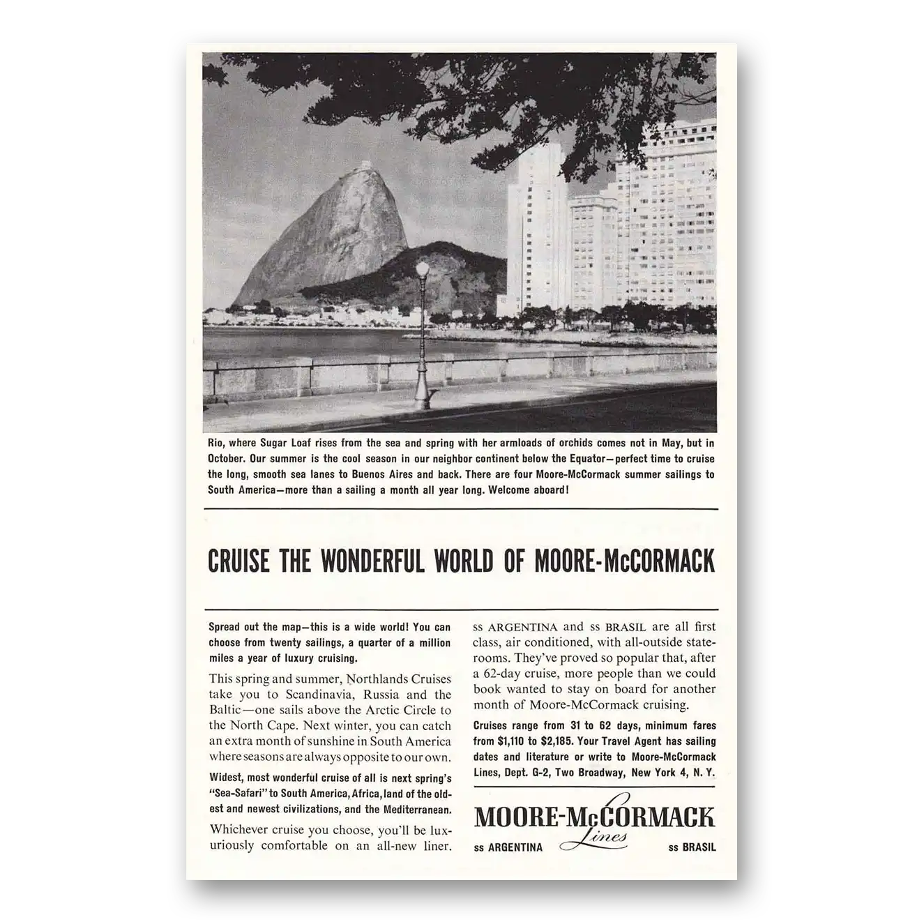 1961 Moore McCormack Lines Print Ad | Sugar Loaf