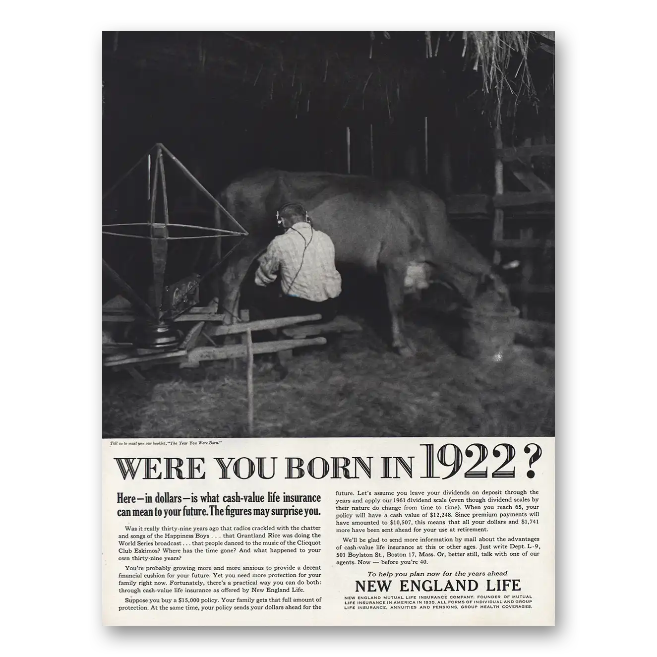 1961 New England Mutual Life Insurance Print Ad | Born 1922
