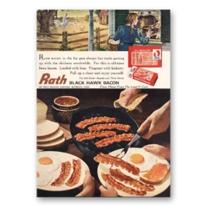 1961 Rath Black Hawk Bacon Print Ad | Chickens