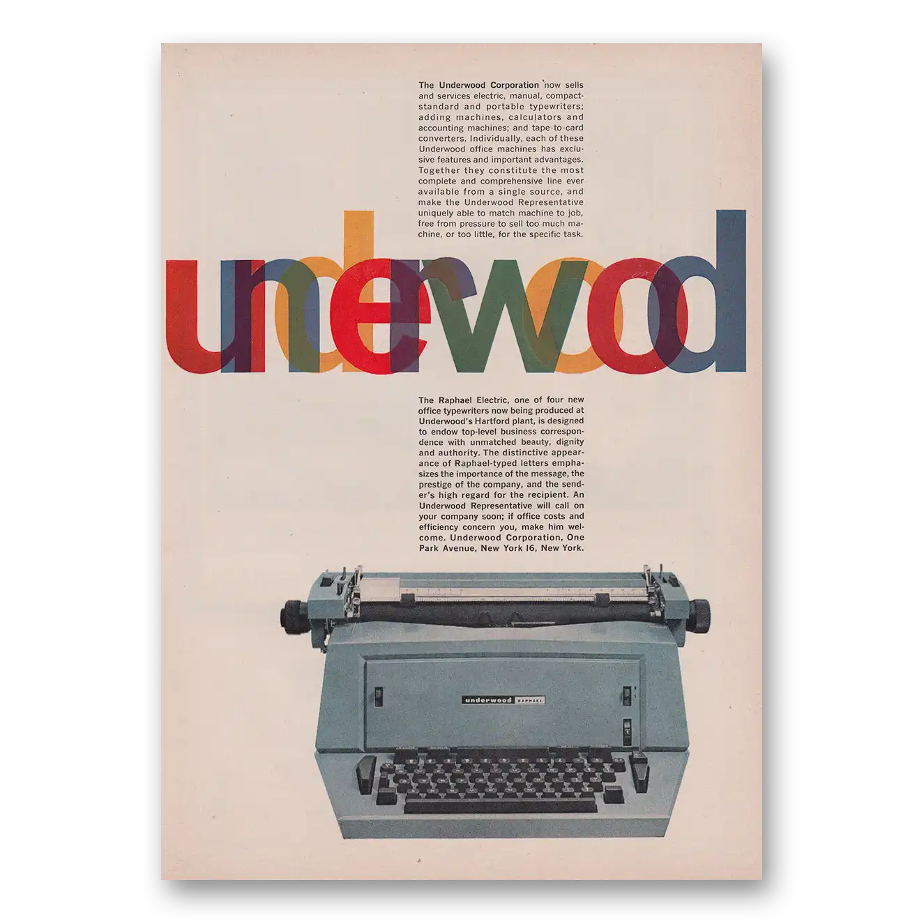1961 Underwood Raphael Typewriter Print Ad | Sells Services