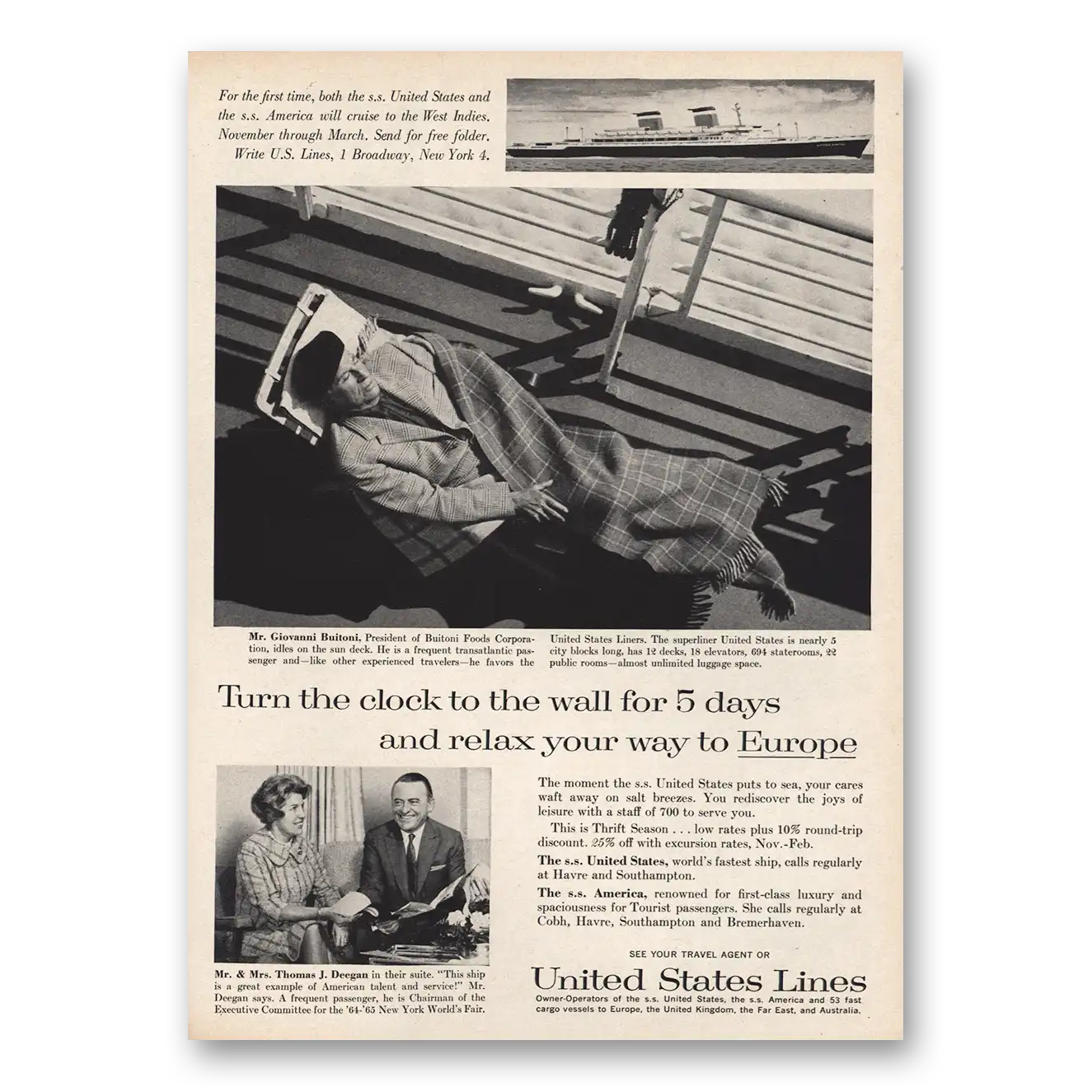 1961 United States Lines Print Ad | Giovanni Buitoni
