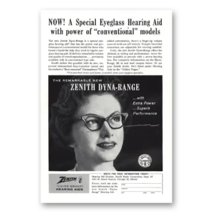 1961 Zenith Hearing Aid Print Ad | Dyna Range Eyeglass