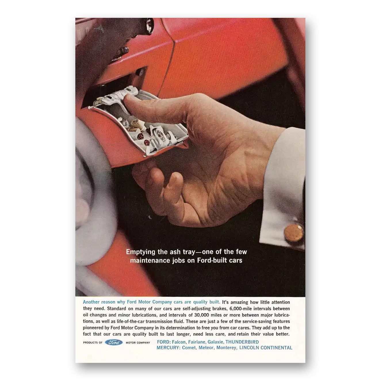 1962 Ford Motor Company Print Ad | Emptying Ash Tray
