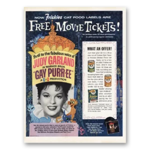 1962 Friskies Cat Food Print Ad | Judy Garland Gay Purree