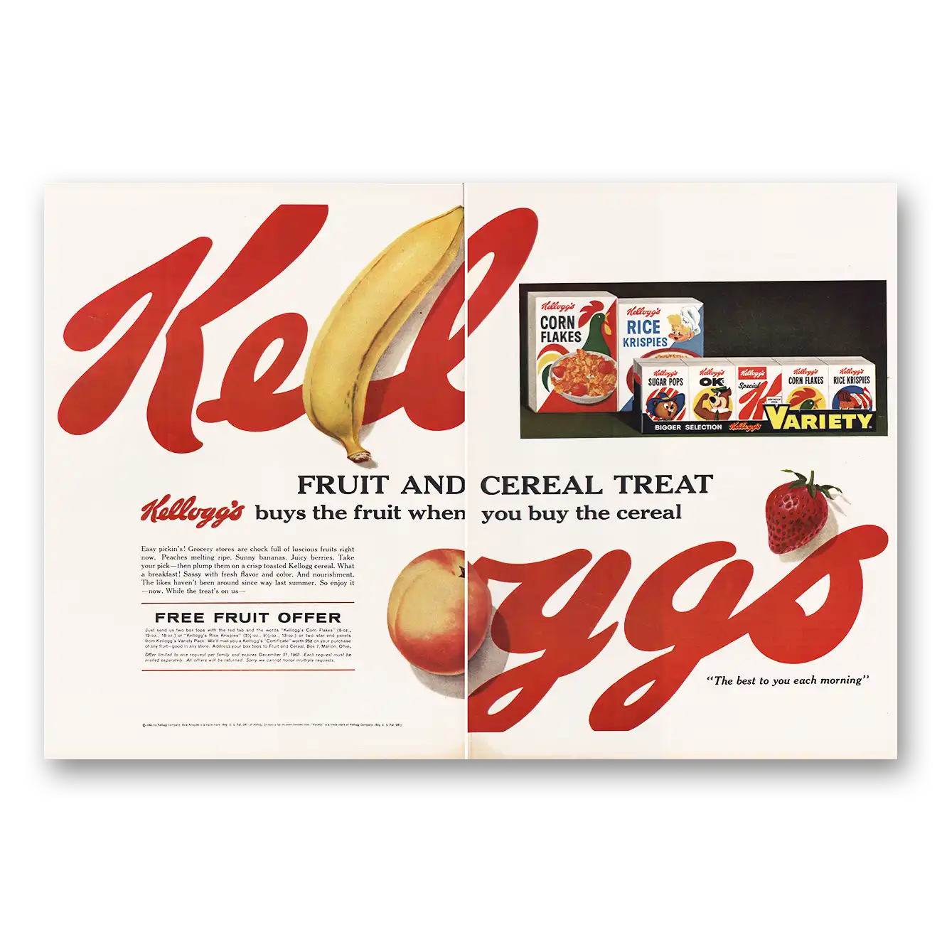 1962 Kelloggs Cereals Print Ad | Fruit And Cereal Treat