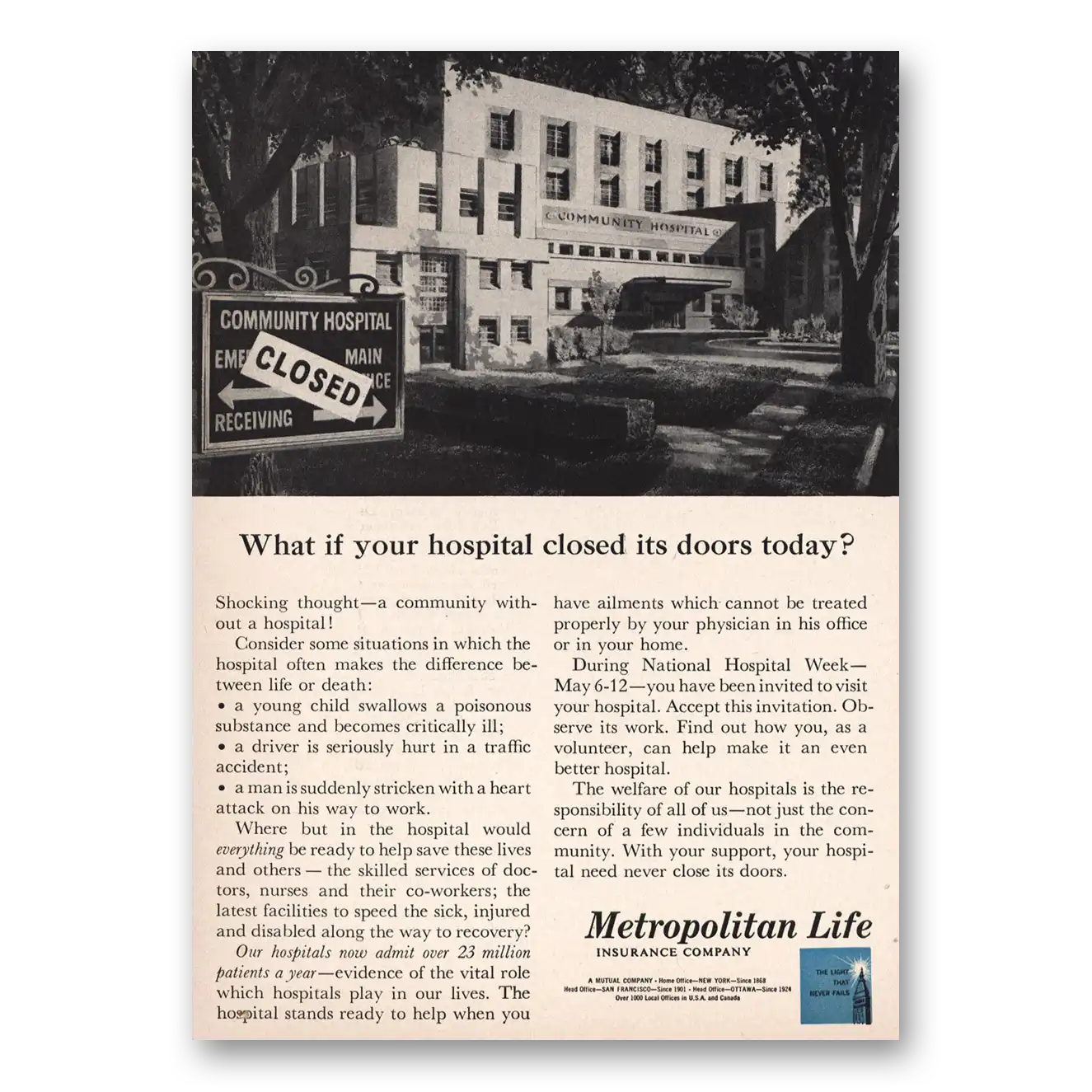 1962 Metropolitan Life Insurance Print Ad | Hospital Closed