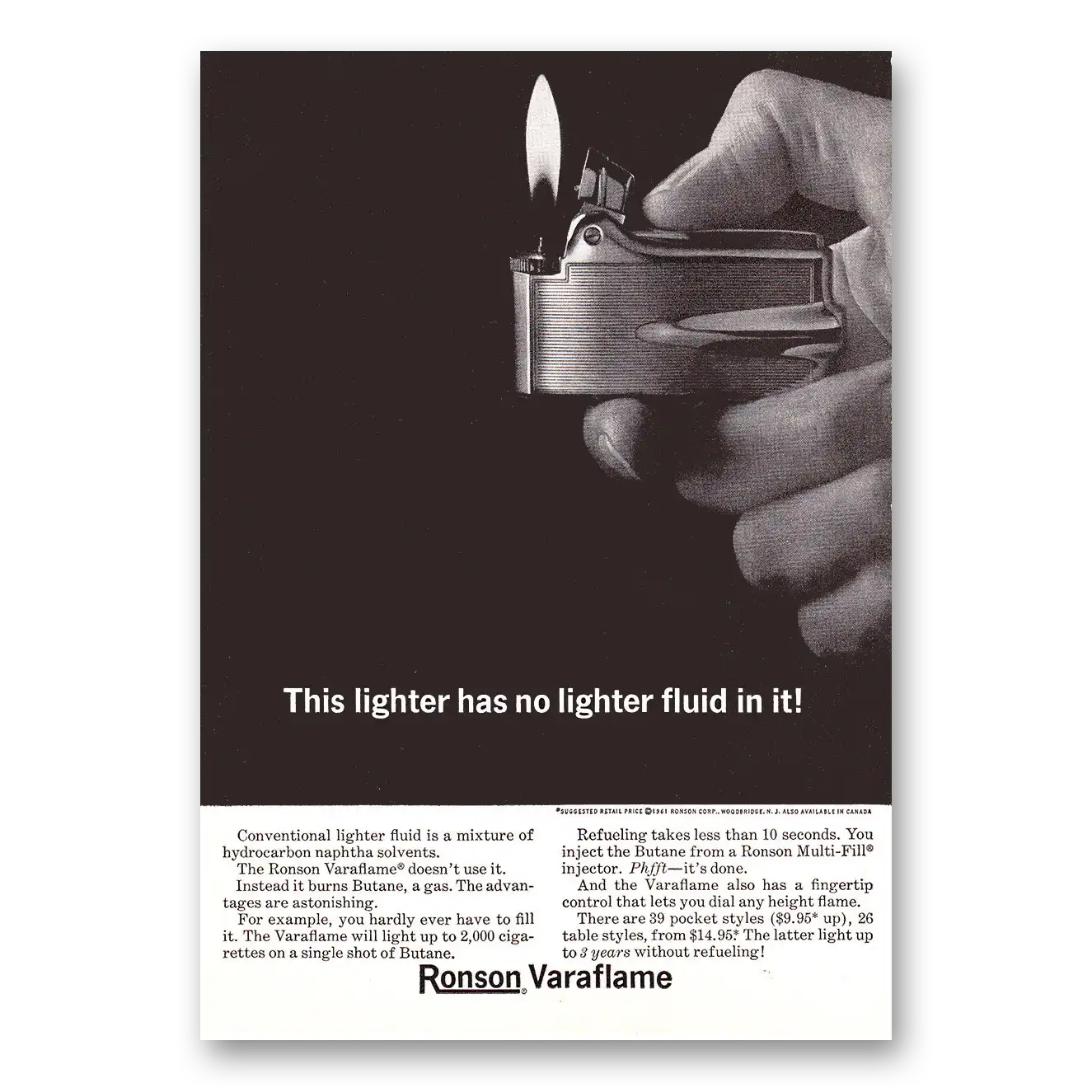 1962 Ronson Varaflame Lighters Print Ad | No Lighter Fluid