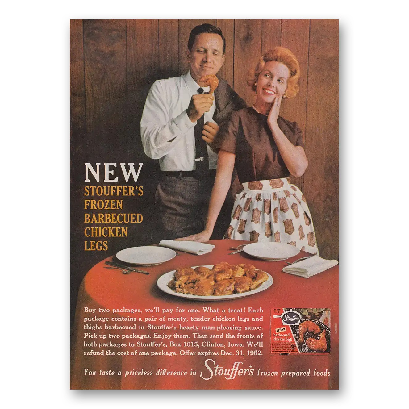 1962 Stouffers Frozen Dinners Print Ad | Barbecued Chicken