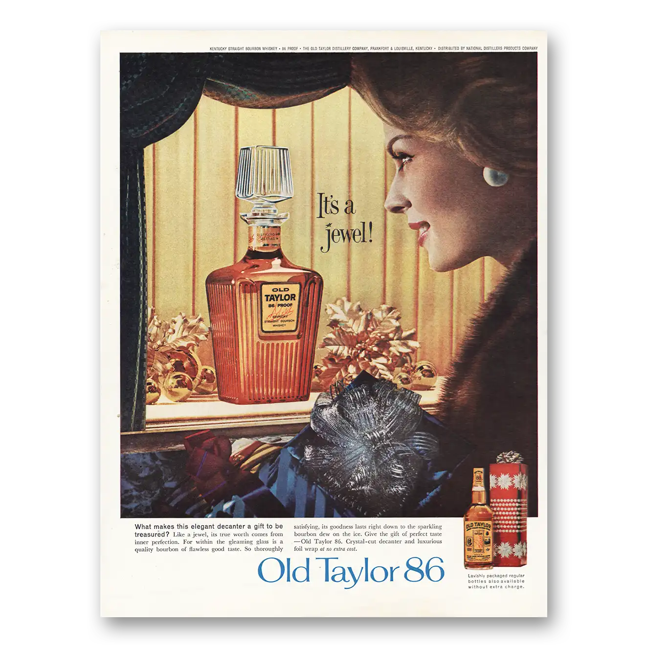 1962 Old Taylor Bourbon Whiskey Print Ad | Jewel Elegant Decanter