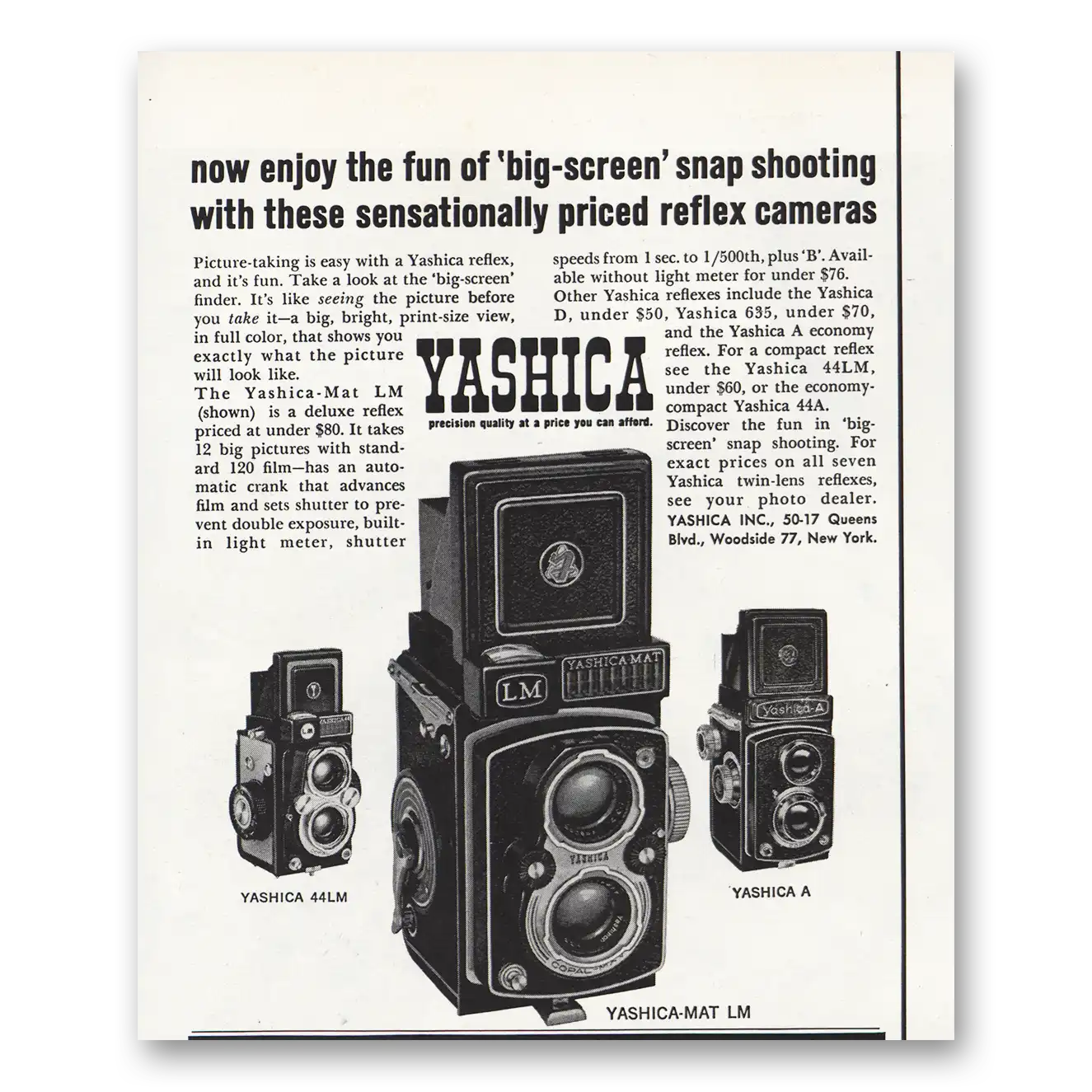 1962 Yashica Print Ad | Big Screen Snap Shooting