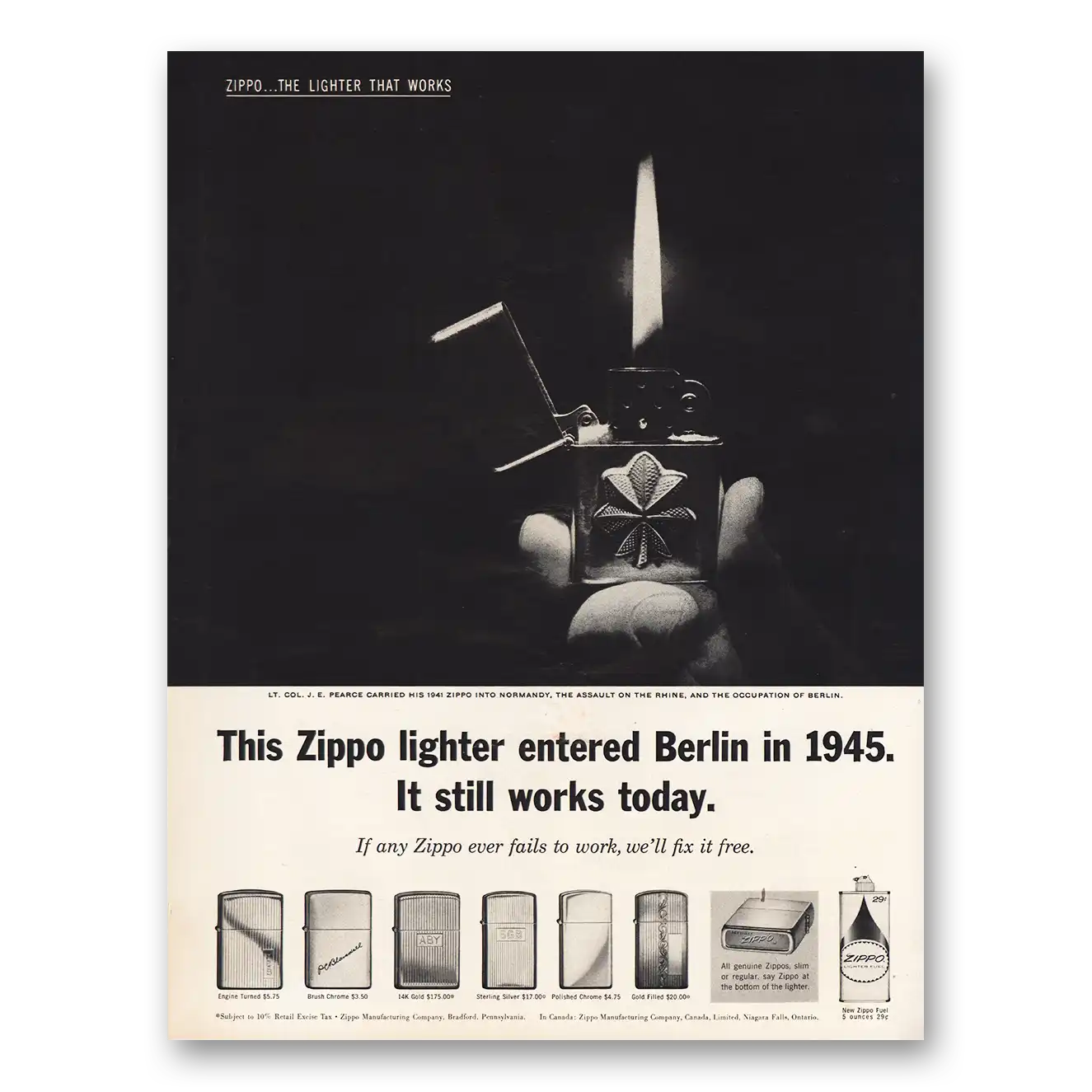 1962 Zippo Lighter Print Ad | Entered Berlin In 1945
