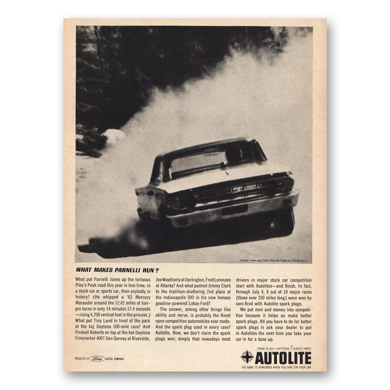 1963 Autolite Spark Plugs Print Ad | Makes Parnelli Run
