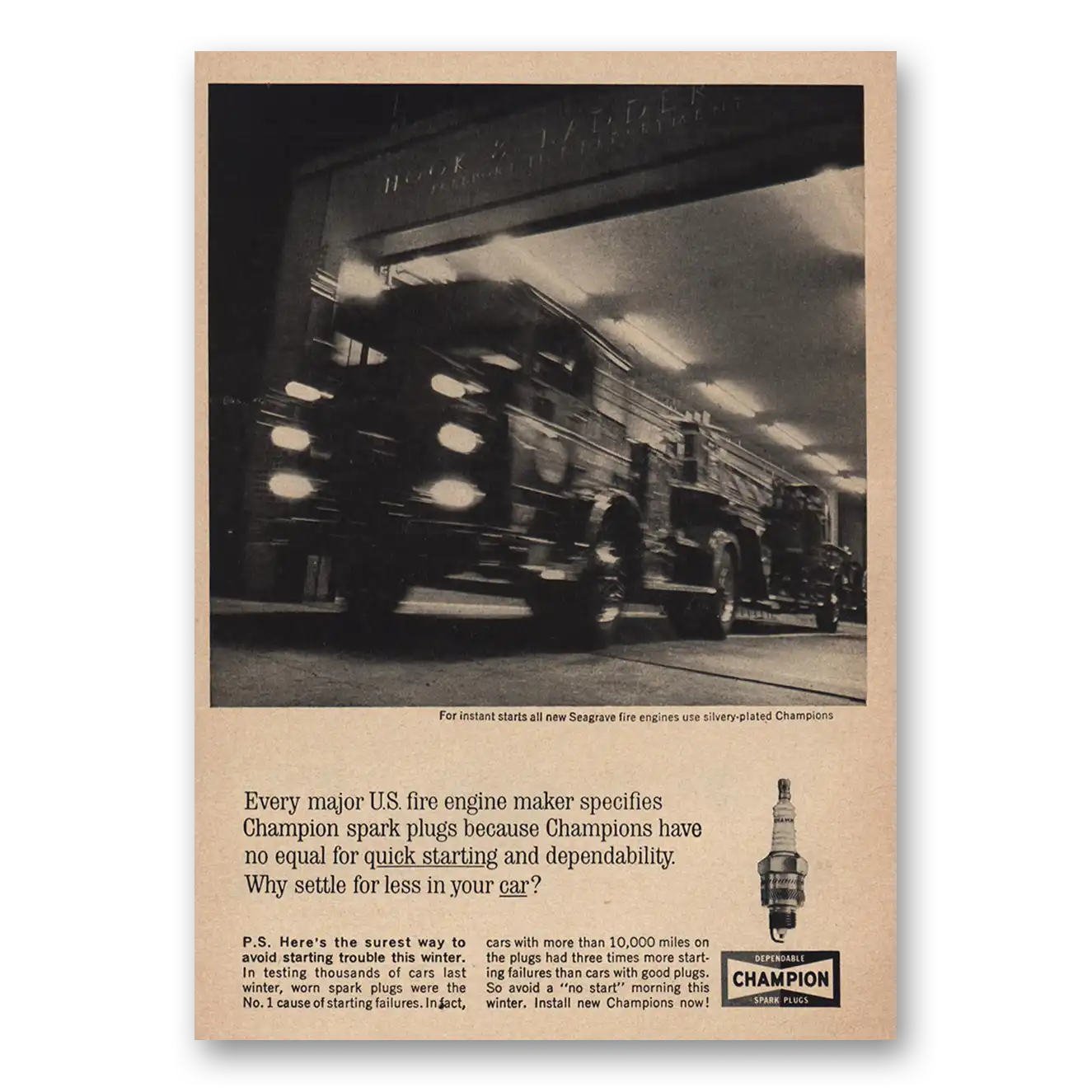 1963 Champion Spark Plugs Print Ad | Fire Engine Maker