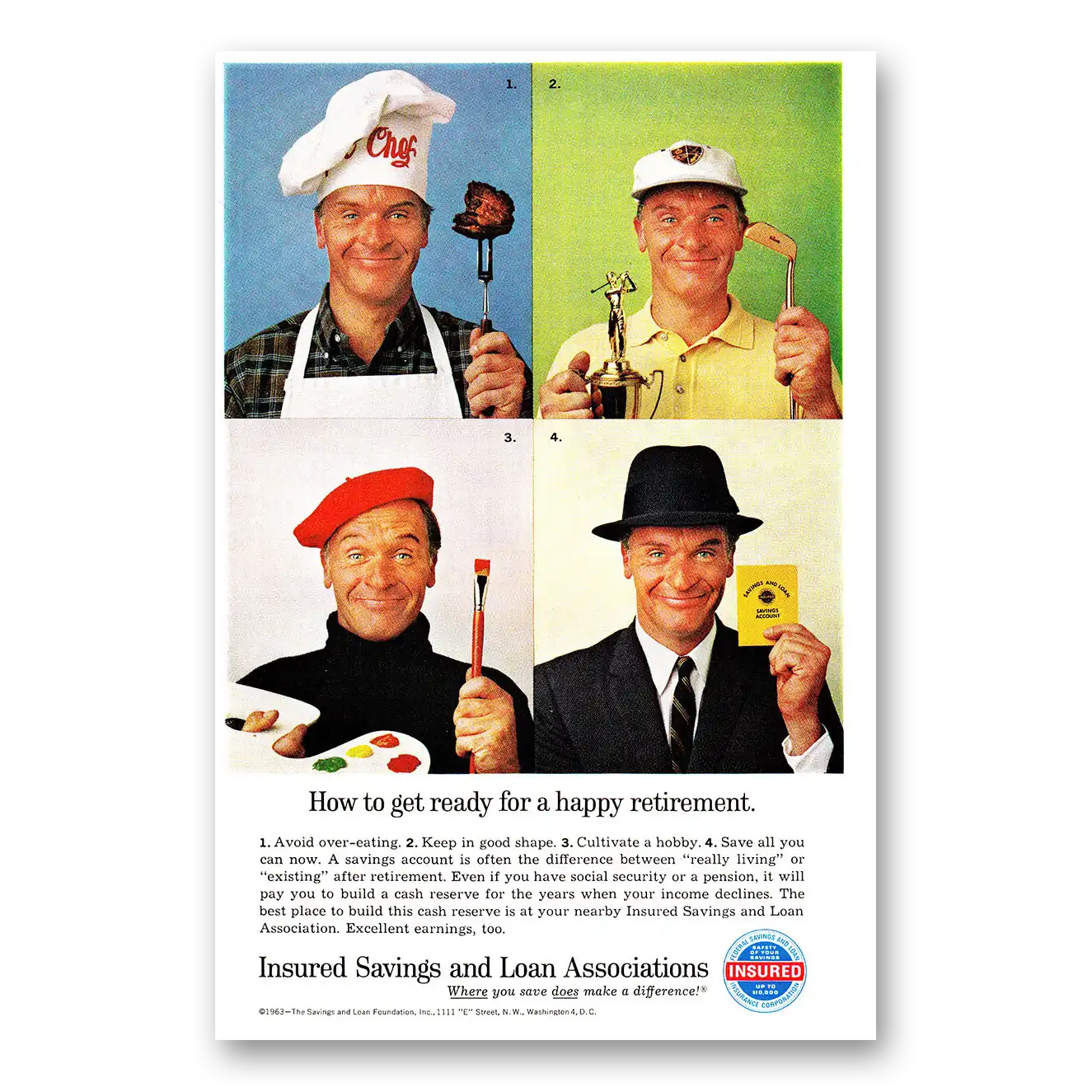 1963 Insured Savings and Loan Print Ad | Happy Retirement
