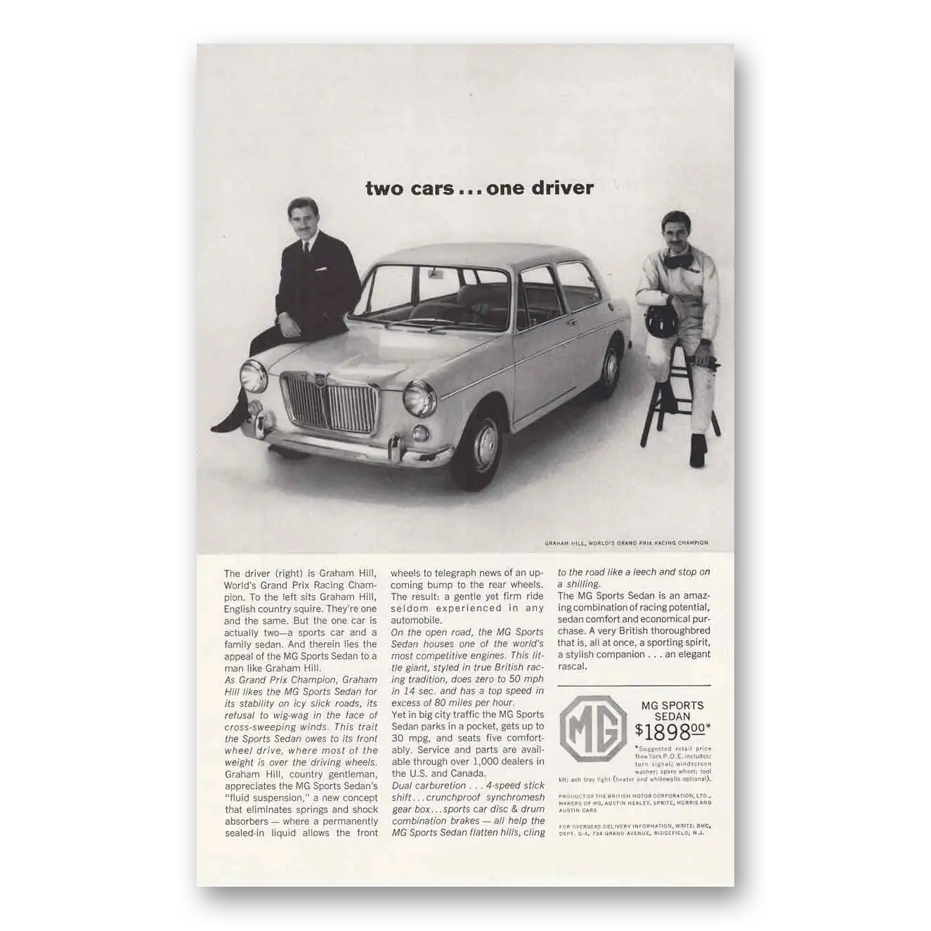 1963 MG Sports Sedan Print Ad | Graham Hill