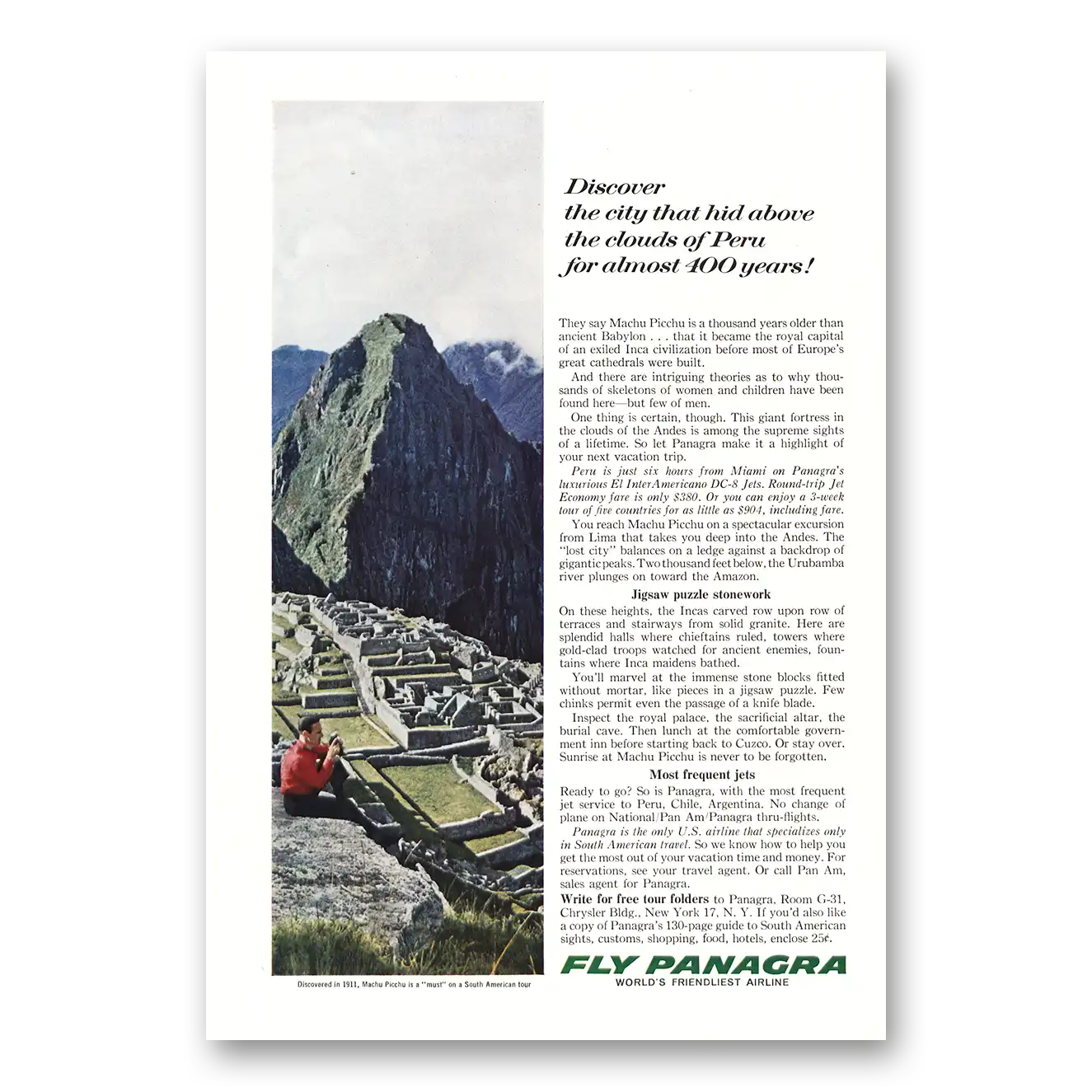 1963 Panagra Airlines Print Ad | Machu Picchu