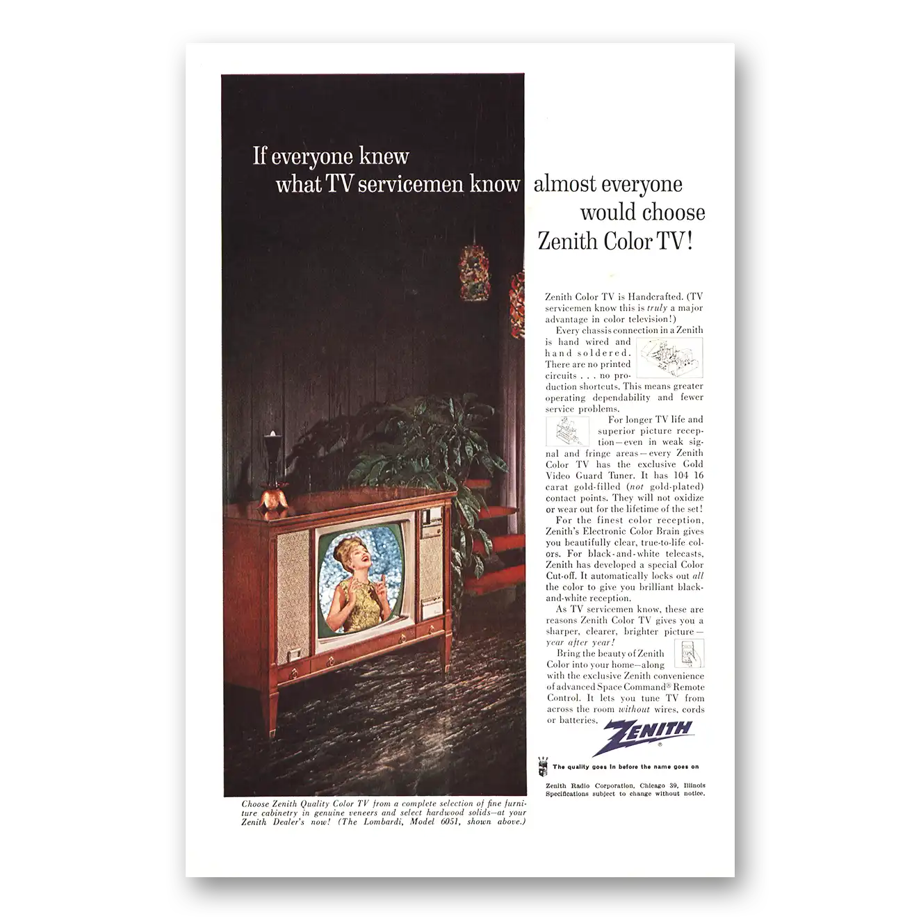 1963 Zenith Television Print Ad | Lombardi Model Tv