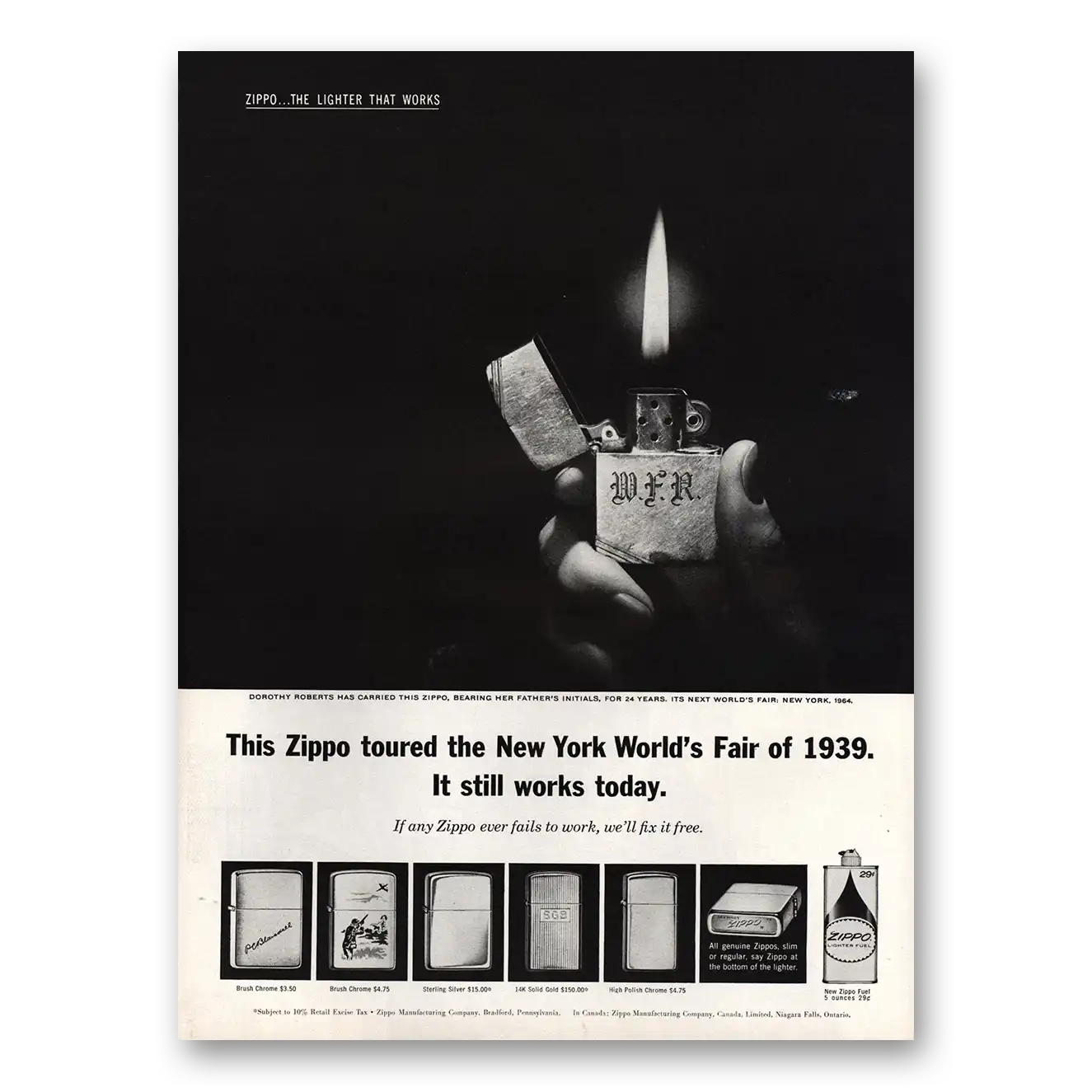 1963 Zippo Lighter Print Ad | Worlds Fair
