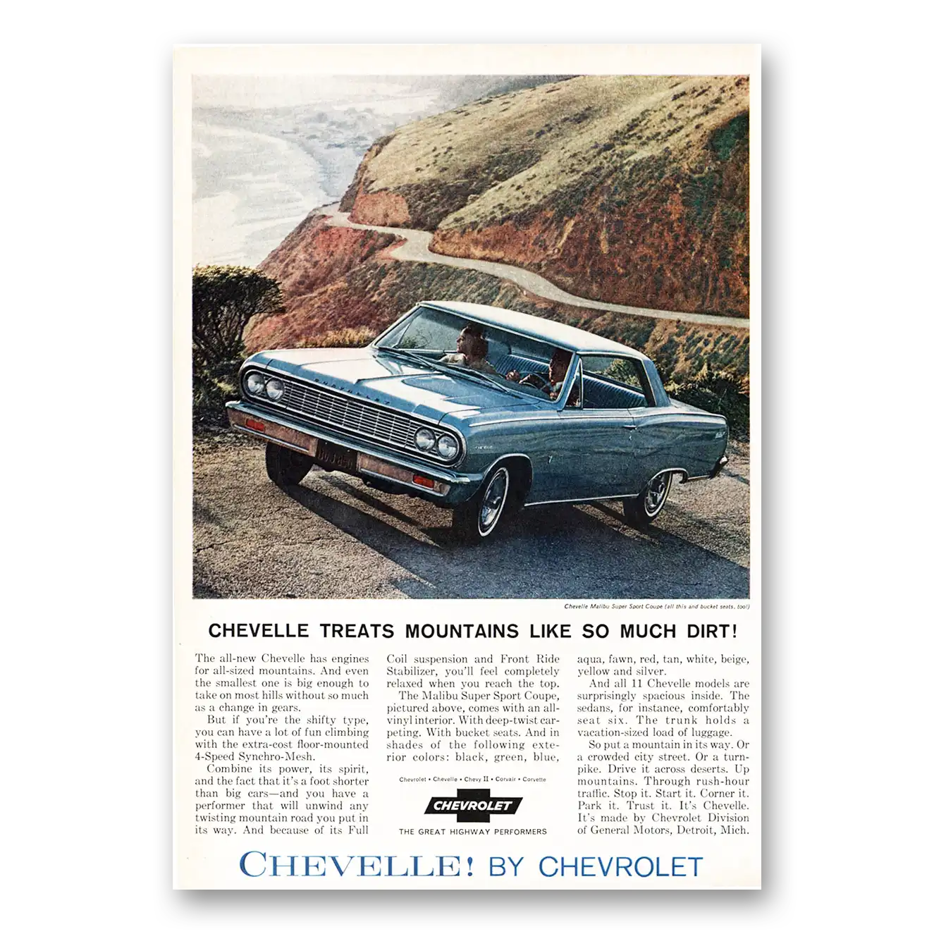 1964 Chevrolet Chevelle Print Ad | Treats Mountains Like So Much Dirt
