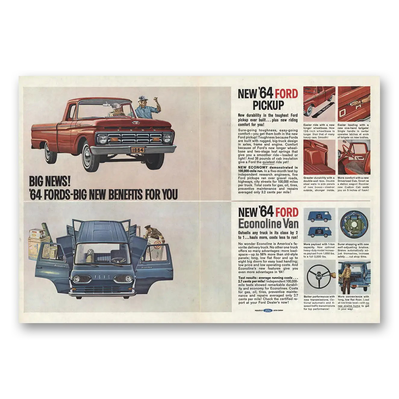 1964 Ford Pickup Print Ad | Big New Benefits