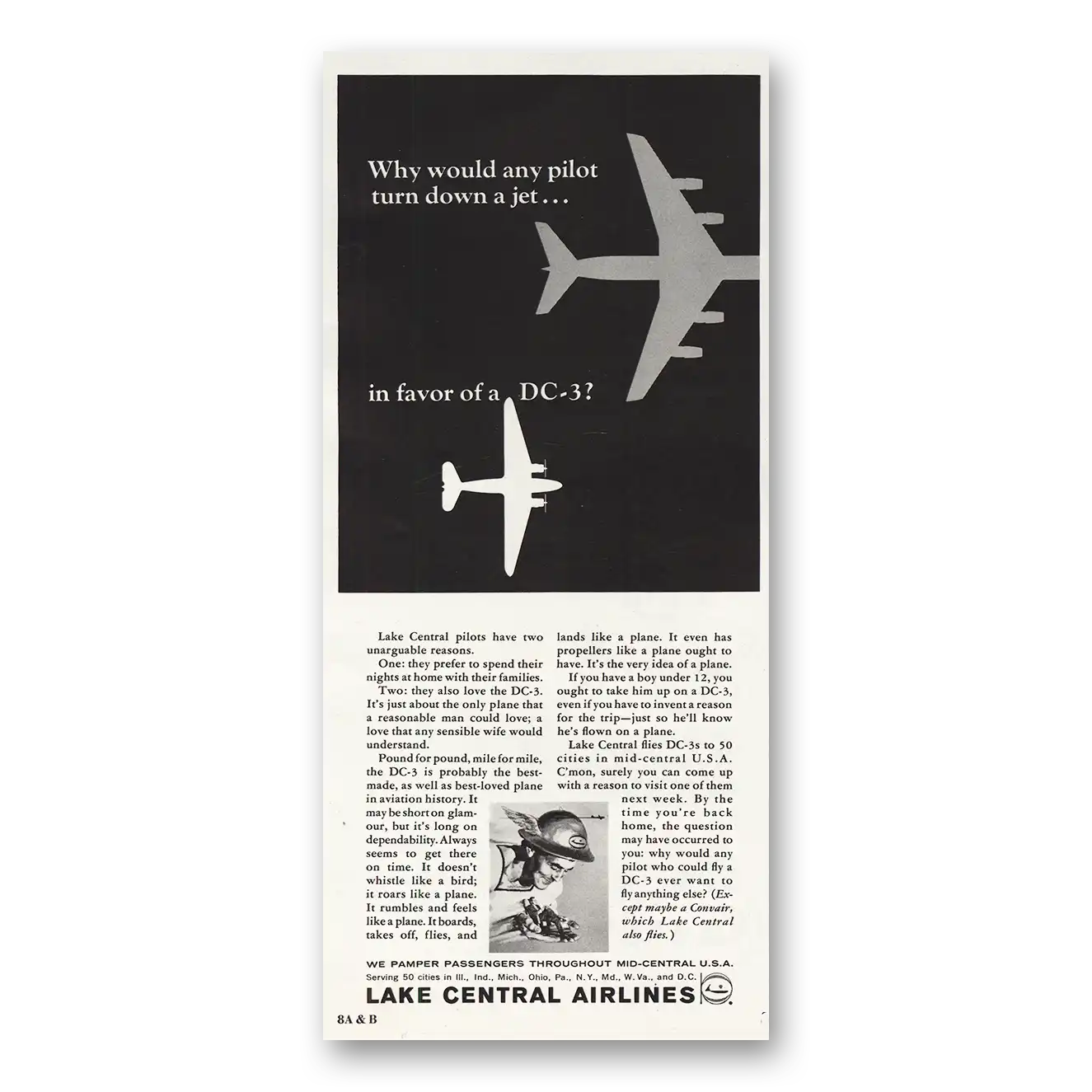1964 Lake Central Airlines Print Ad | Pilot Turn Down Jet