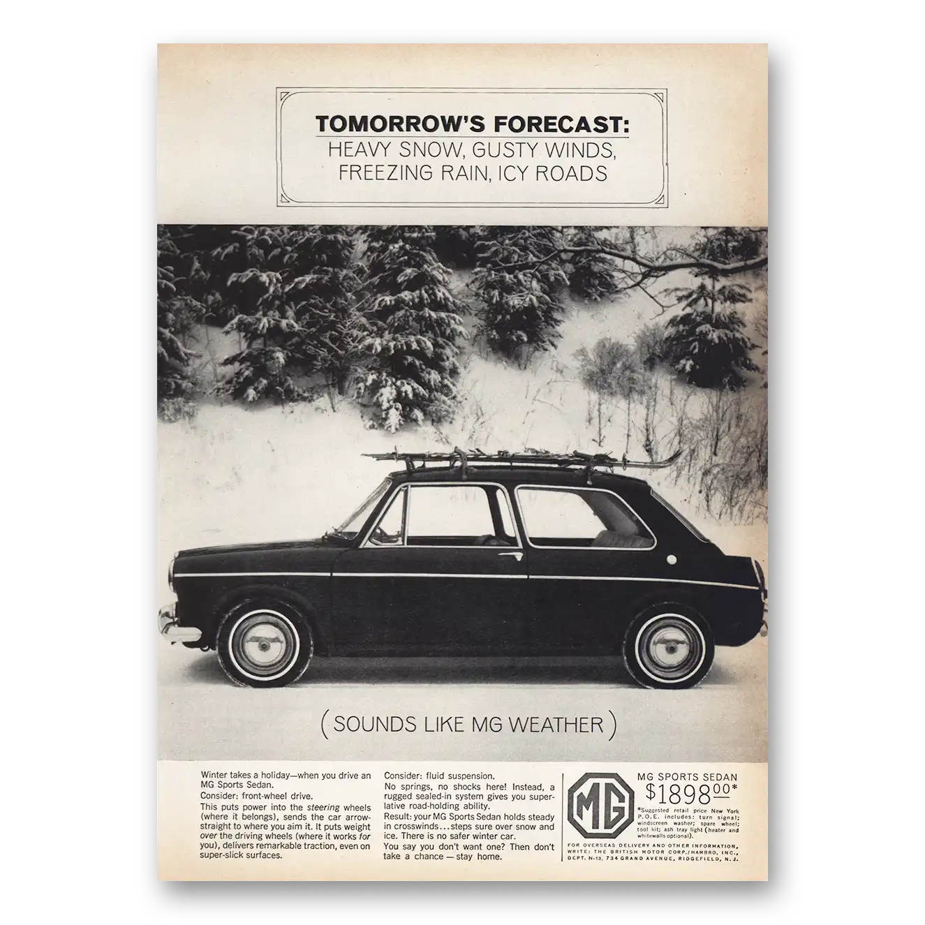 1964 MG Print Ad | Heavy Snow Gusty Winds