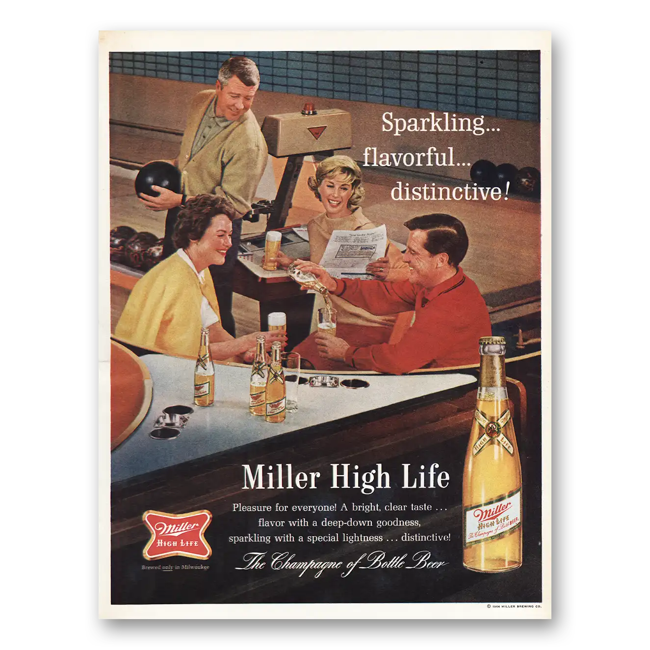 1964 Miller Beer Print Ad | Sparkling Flavorful Bowling