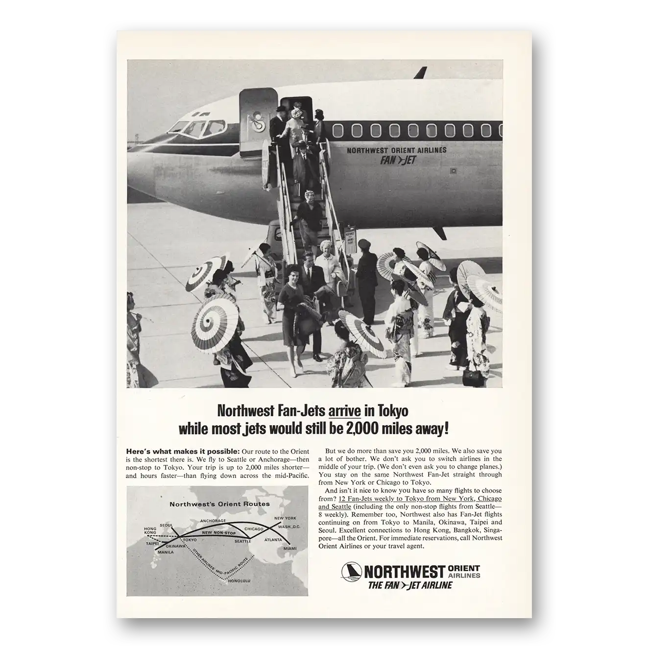 1964 Northwest Orient Airlines Print Ad | Fan Jets Arrive In Tokyo