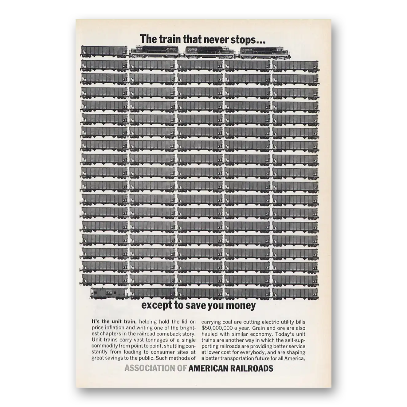 1965 Association of American Railroads Print Ad | Never Stops