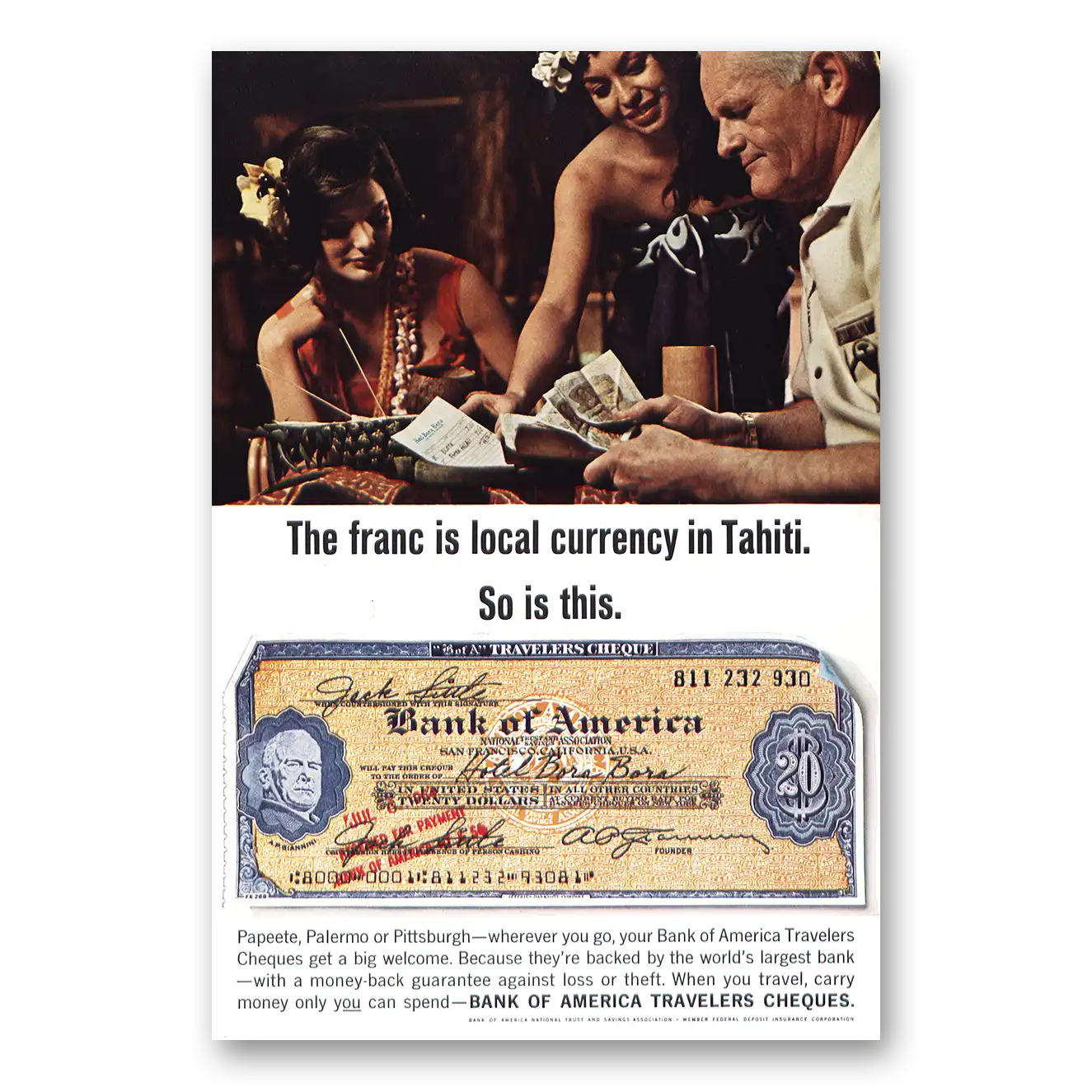 1965 Bank of America Travelers Cheques Print Ad | Local Currency In Tahiti