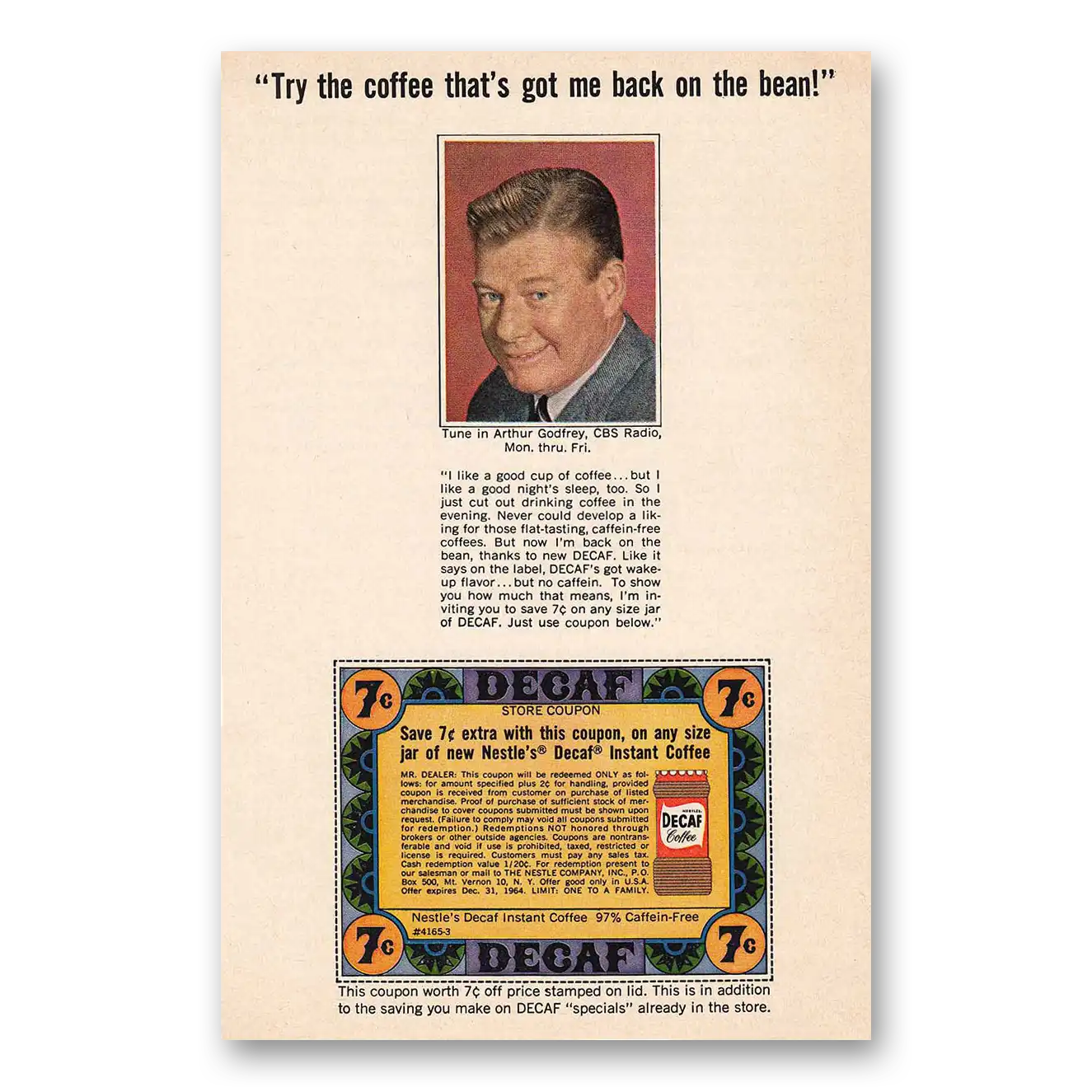 1965 Nestle Decaf Coffee Print Ad | Arthur Godfrey