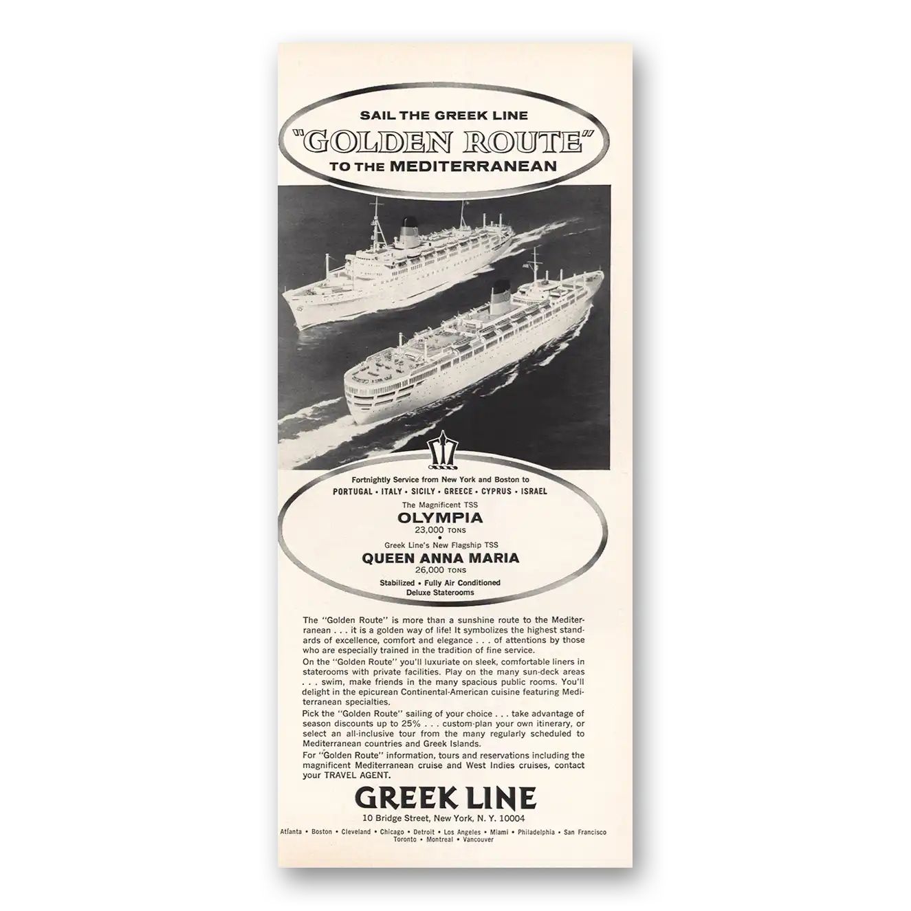 1965 Greek Line Print Ad | Golden Route To Mediterranean