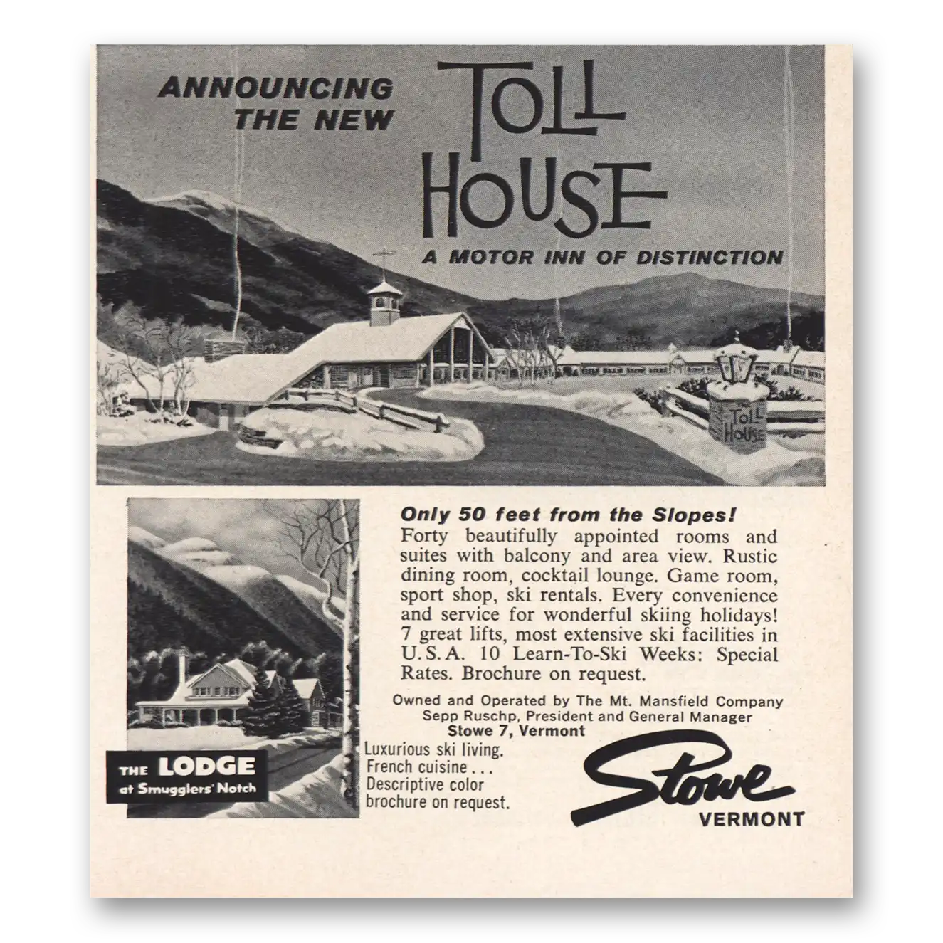 1965 Stowe Vermont Print Ad | Toll House Motor Inn