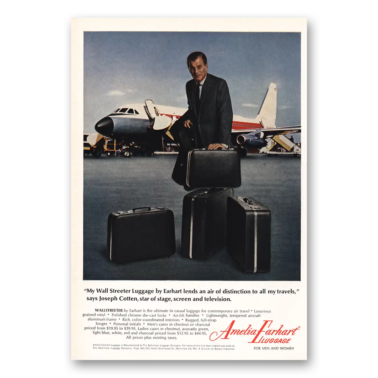 1966 Amelia Earhart Luggage Print Ad | Wall Streeter Luggage