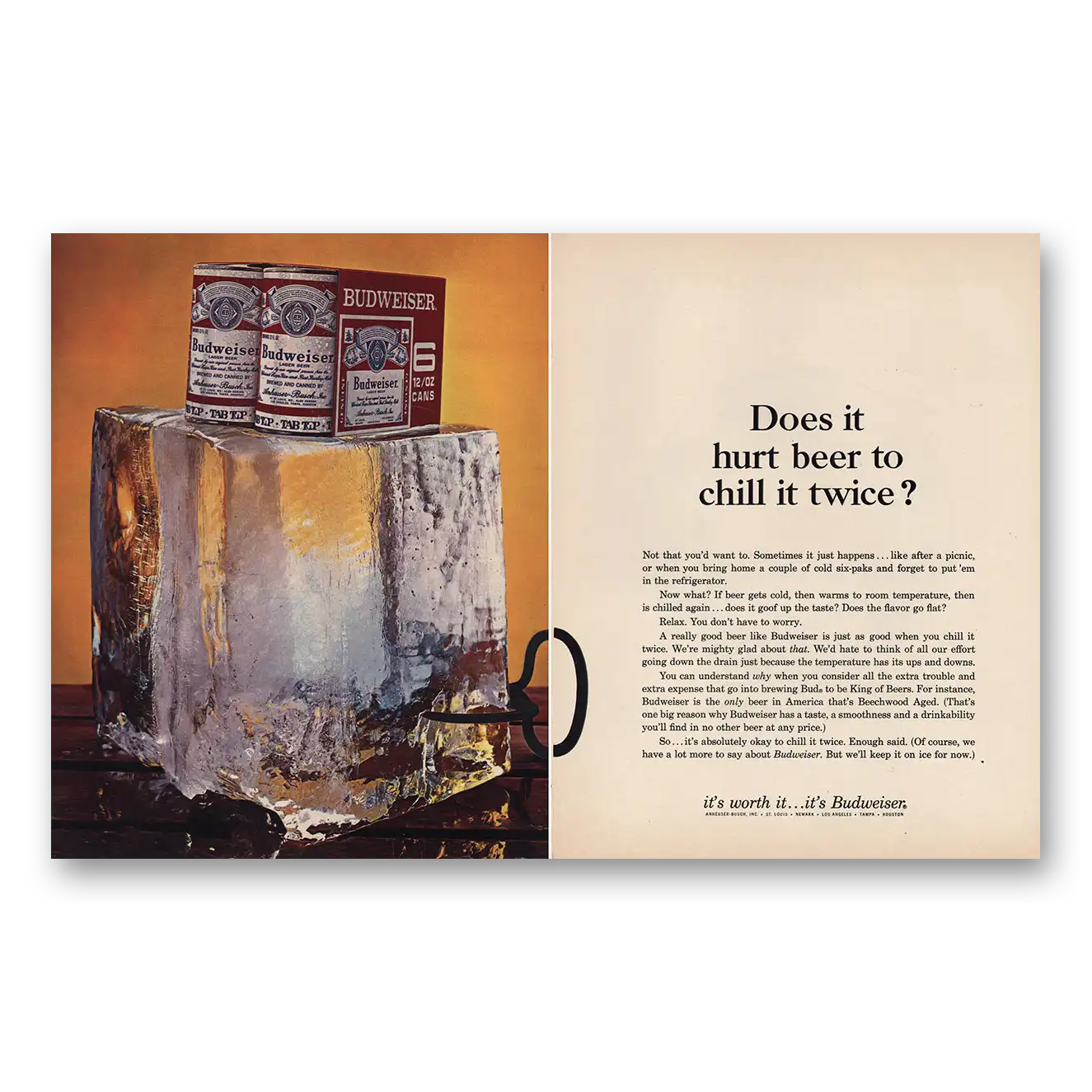 1966 Budweiser Beer Print Ad | Hurt Beer Chill It Twice