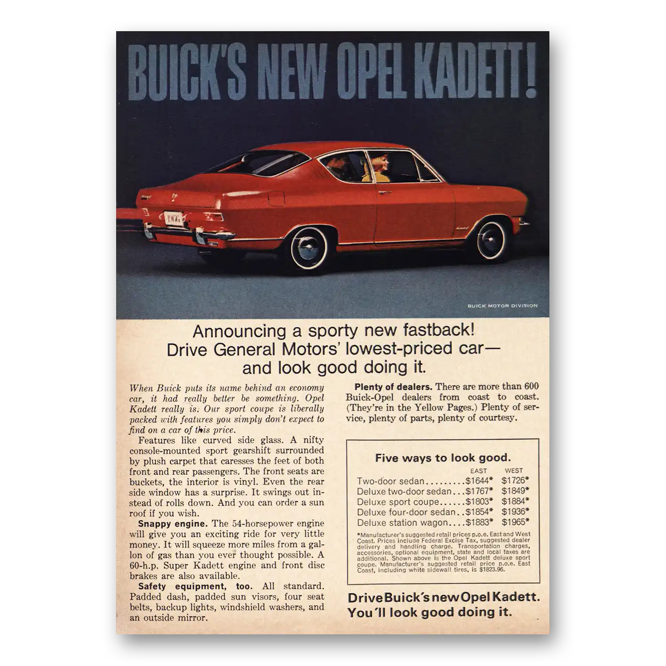 1966 Buick Opel Kadett Print Ad | Sporty New Fastback