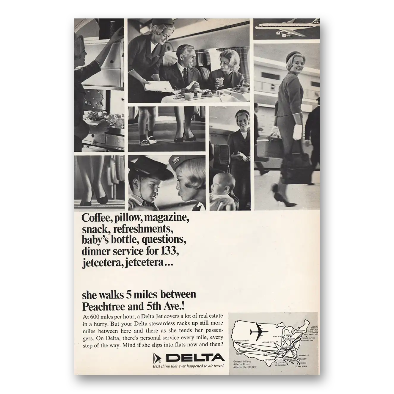 1966 Delta Air Lines Print Ad | She Walks 5 Miles Peachtree