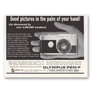 1966 Olympus Pen F Camera Print Ad | Palm Your Hand